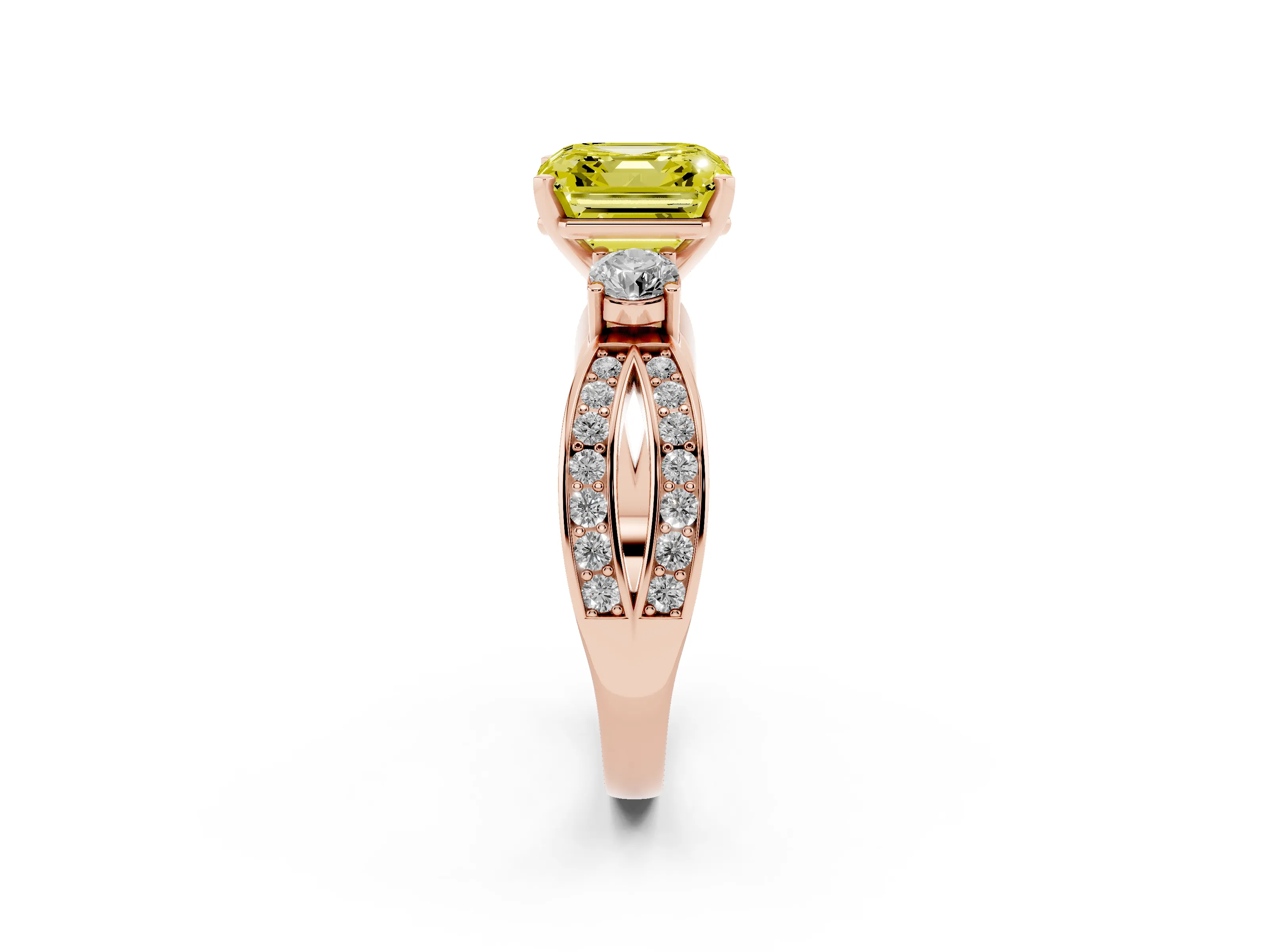 Fancy Yellow Three-Stone Asscher Cut Diamond Twist Band Ring Set in Rose gold with Pavé Accents and Prong Setting