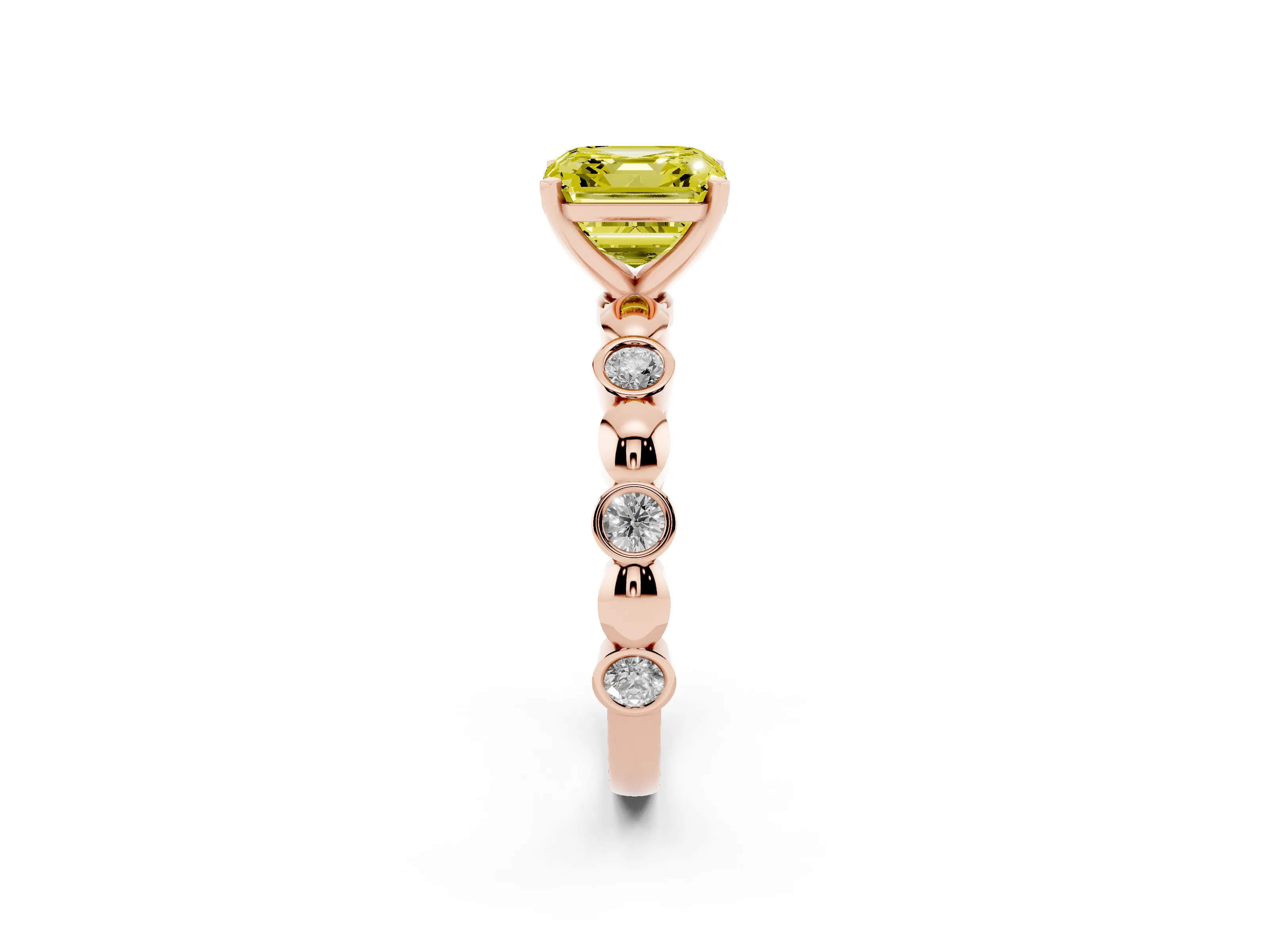 Fancy Yellow Asscher Cut Diamond Solitaire Ring Set in Rose gold with Bezel-Set Accents on Beaded Band and Prong Setting