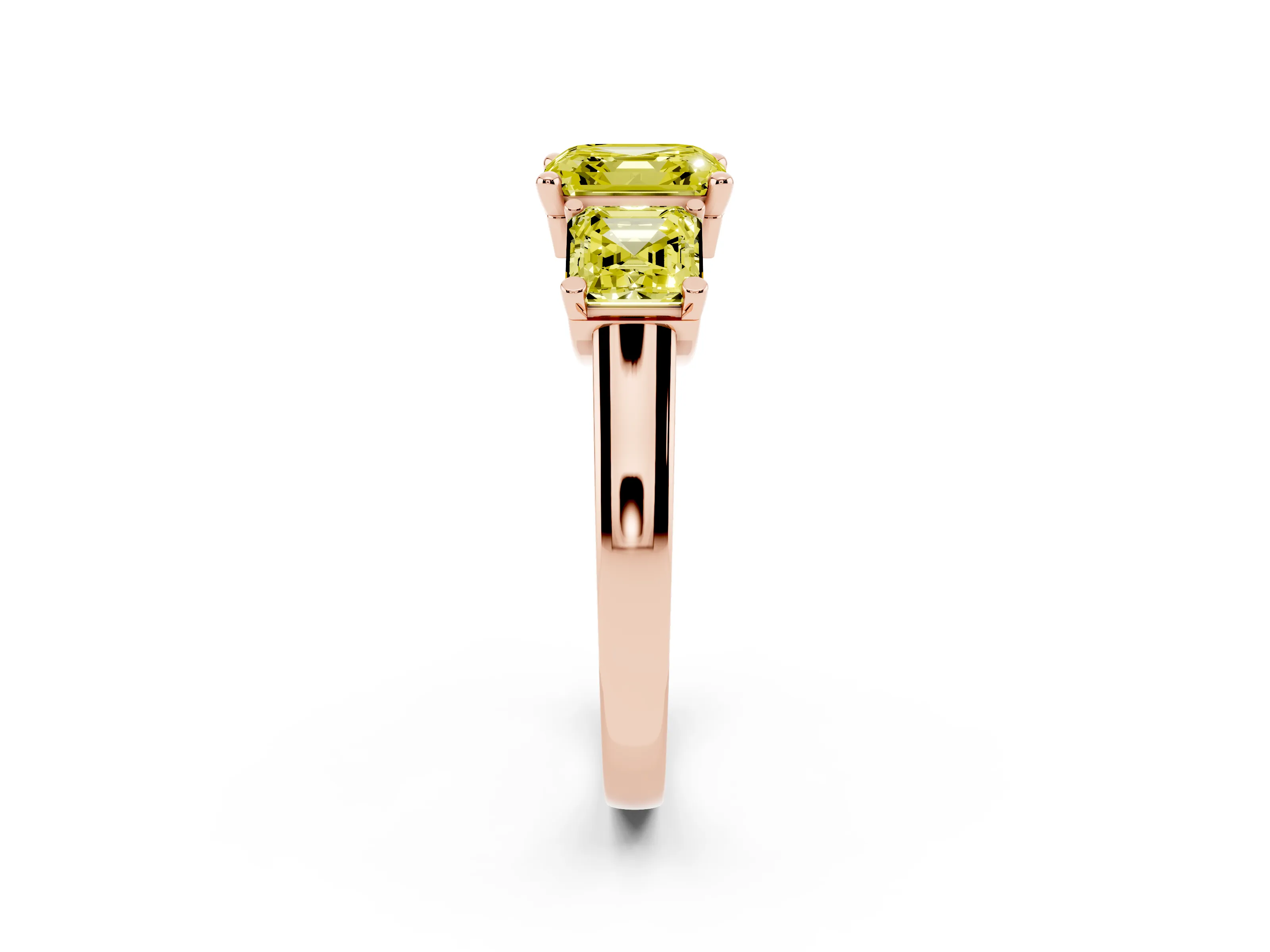 Fancy Yellow Asscher Cut Diamond Three-Stone Trellis Ring Set in Rose gold with Comfort Fit Band