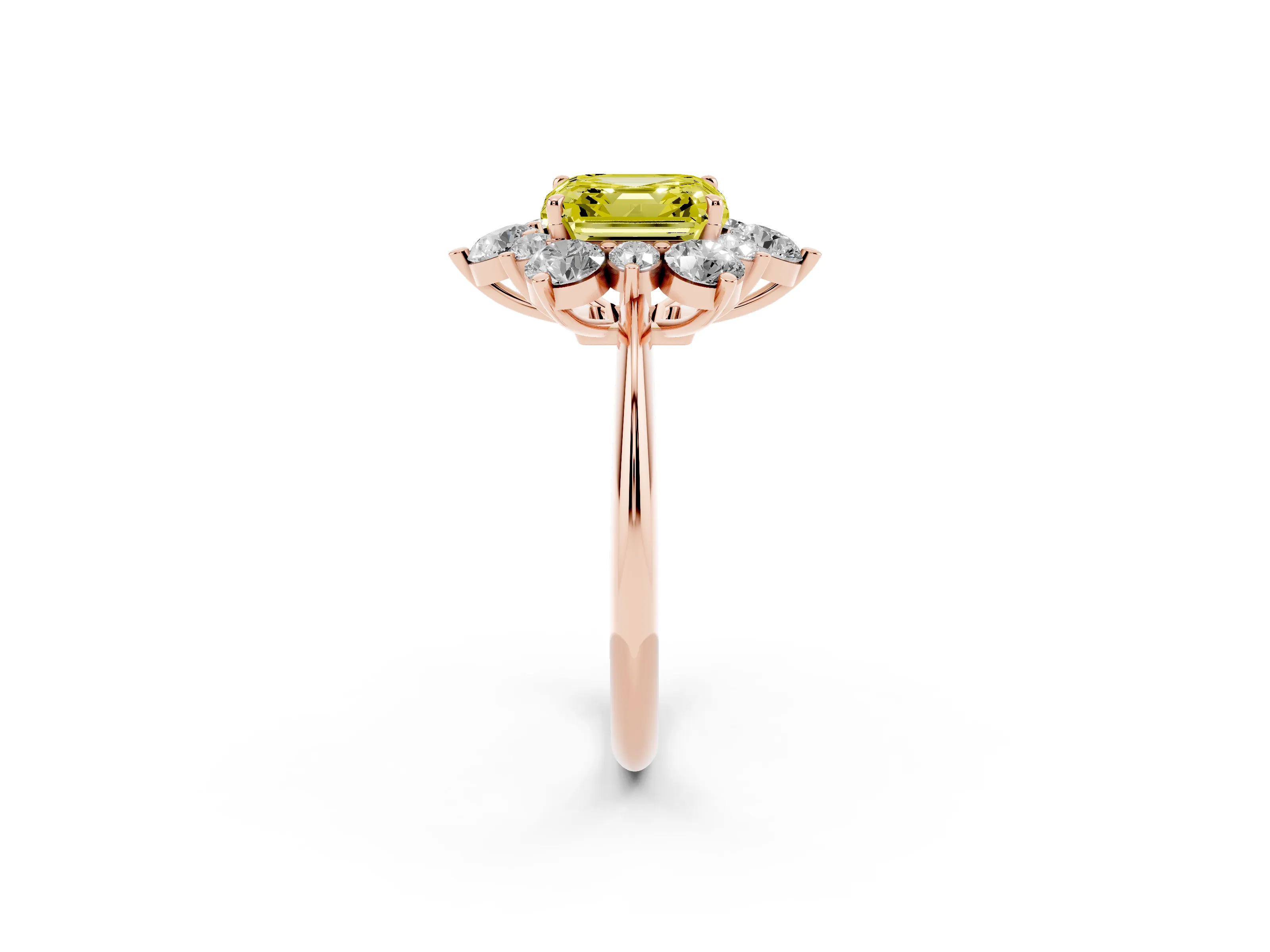 Fancy Yellow Asscher Cut Diamond Cluster Halo Ring Set in Rose gold with Solitaire Band and Prong Setting