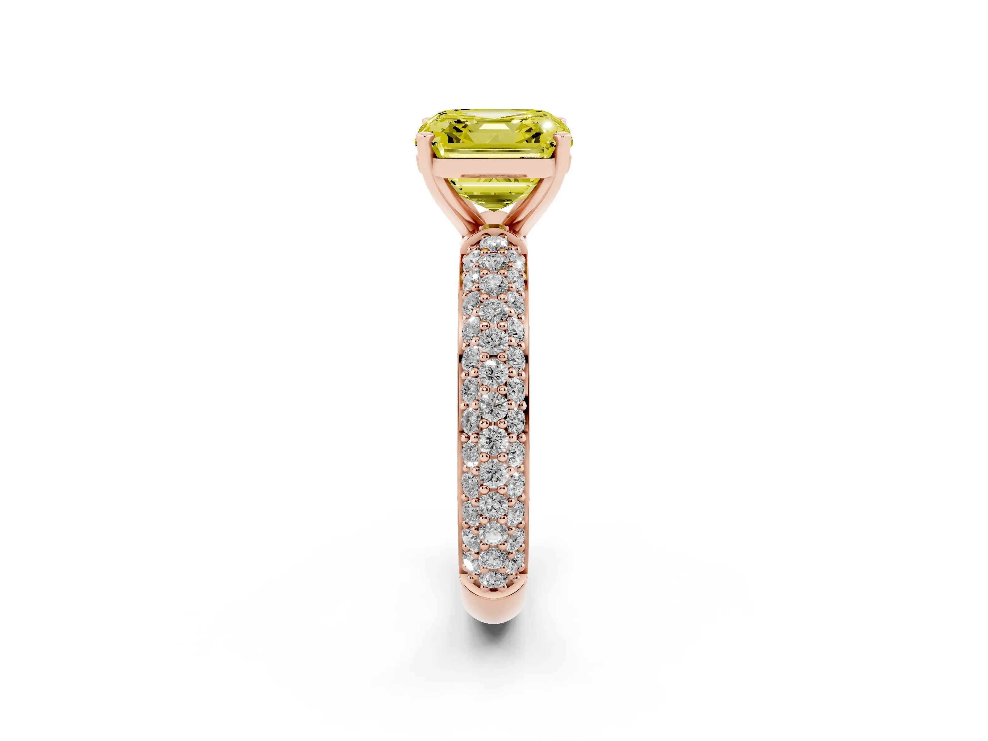 Fancy Yellow Asscher Cut Diamond Solitaire Ring Set in Rose gold with Prong Setting and Pavé-Set Band