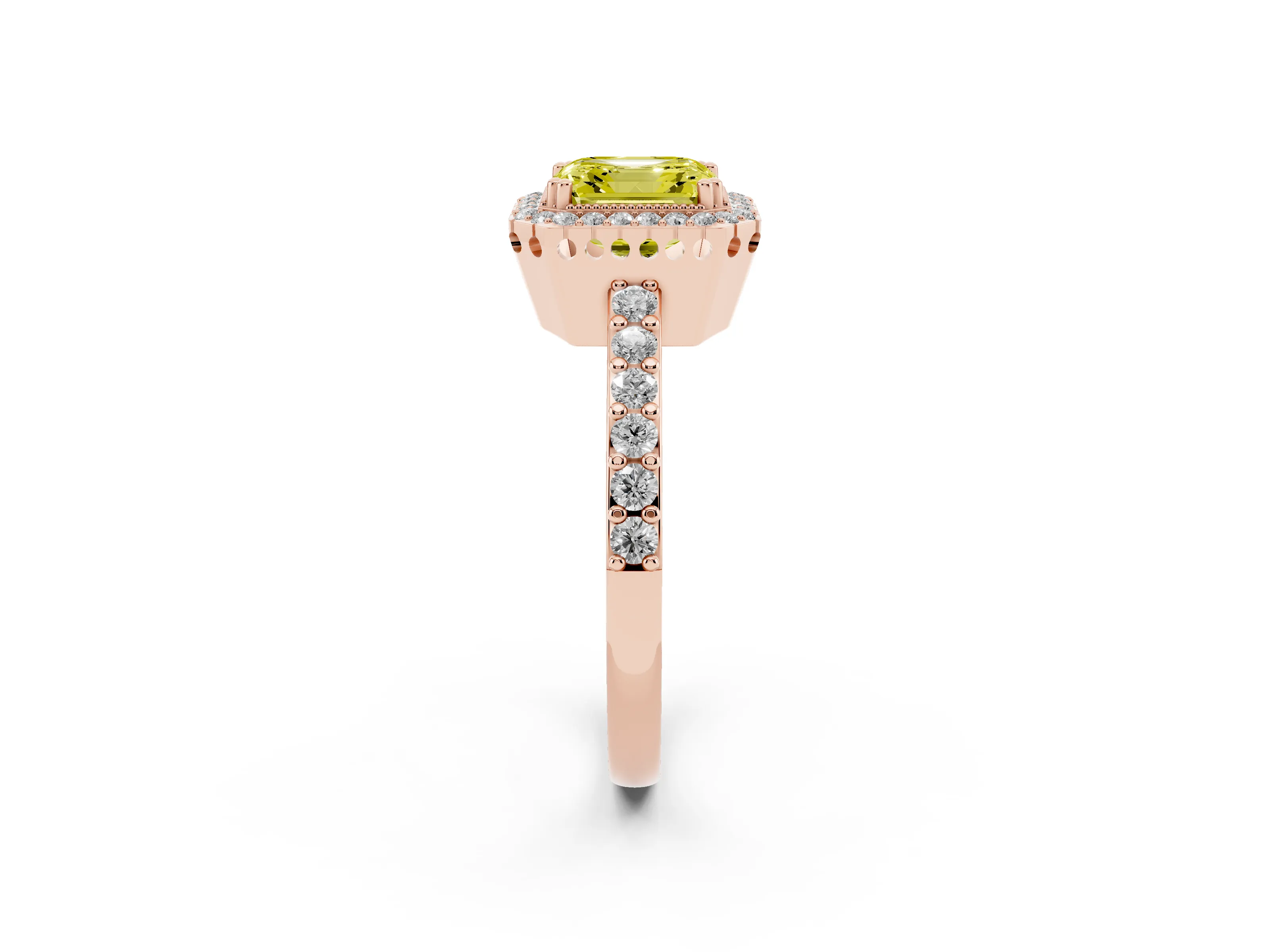 Fancy Yellow Asscher Cut Diamond Halo Engagement Ring Set in Rose gold with Milgrain Detail and Pavé Band