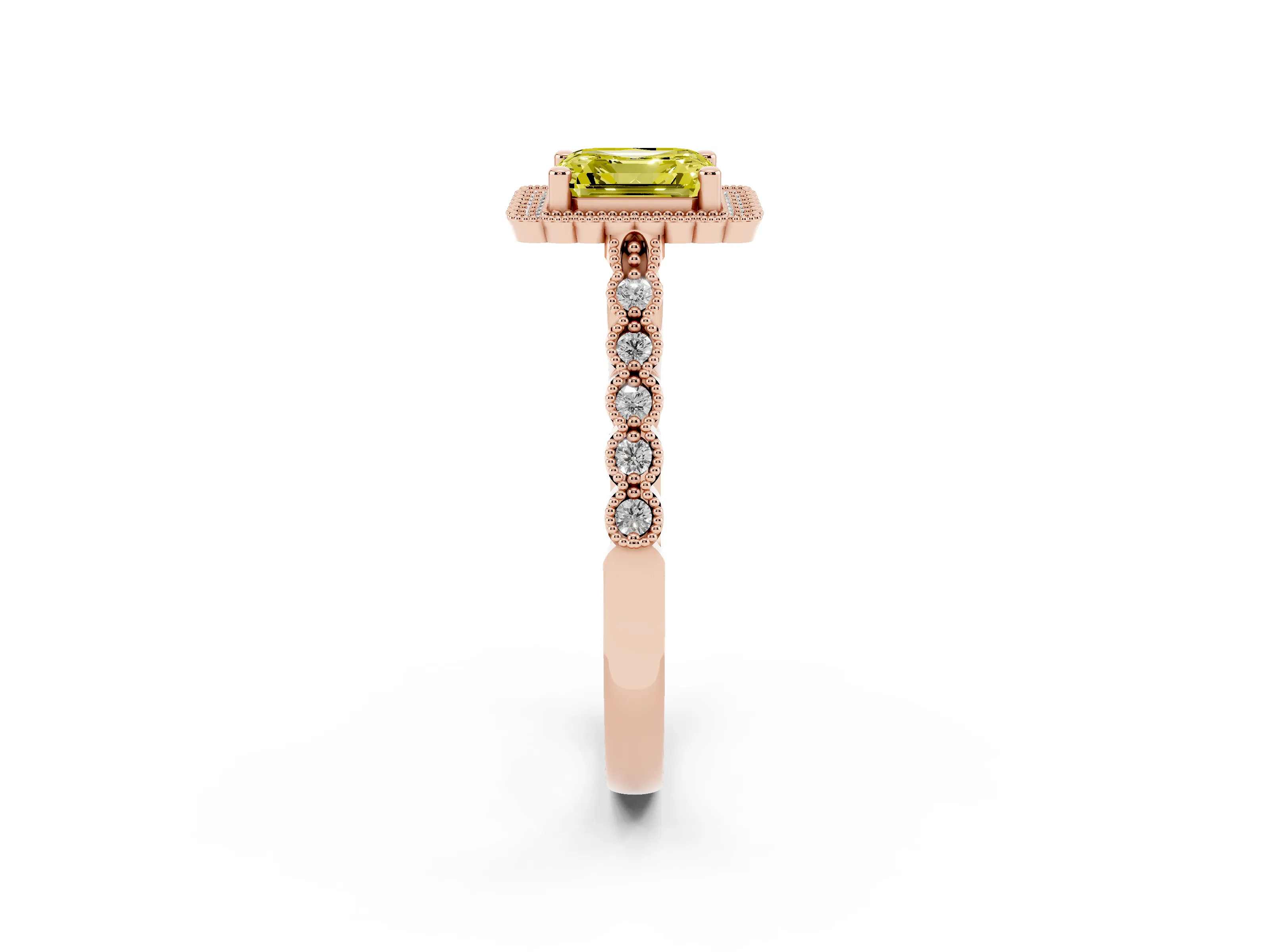 Fancy Yellow Asscher Cut Diamond Halo Ring Set in Rose gold with Pavé Milgrain Band