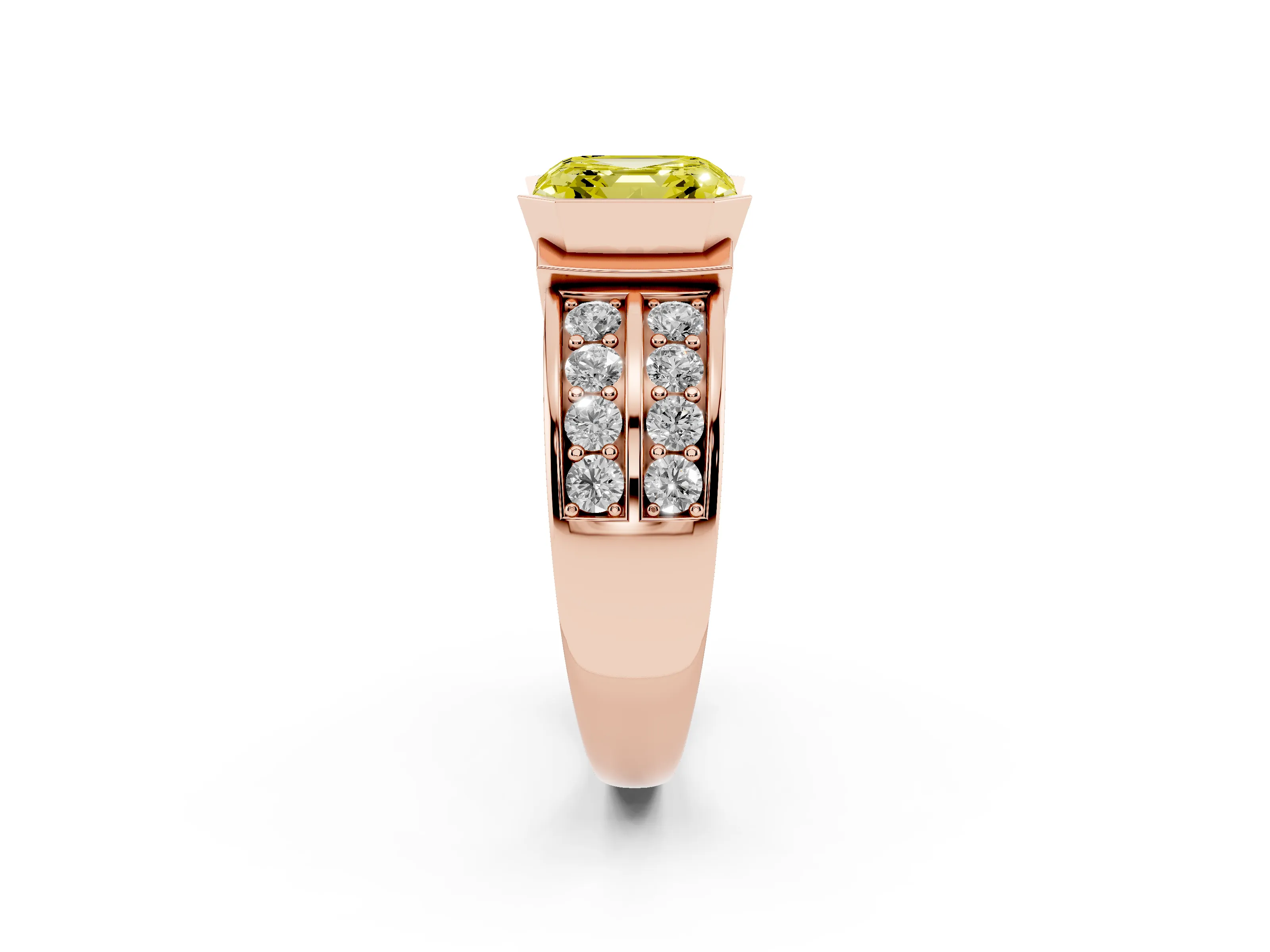 Fancy Yellow Asscher Cut Diamond Wide Channel Set Band Ring Set in Rose gold with Bezel Setting