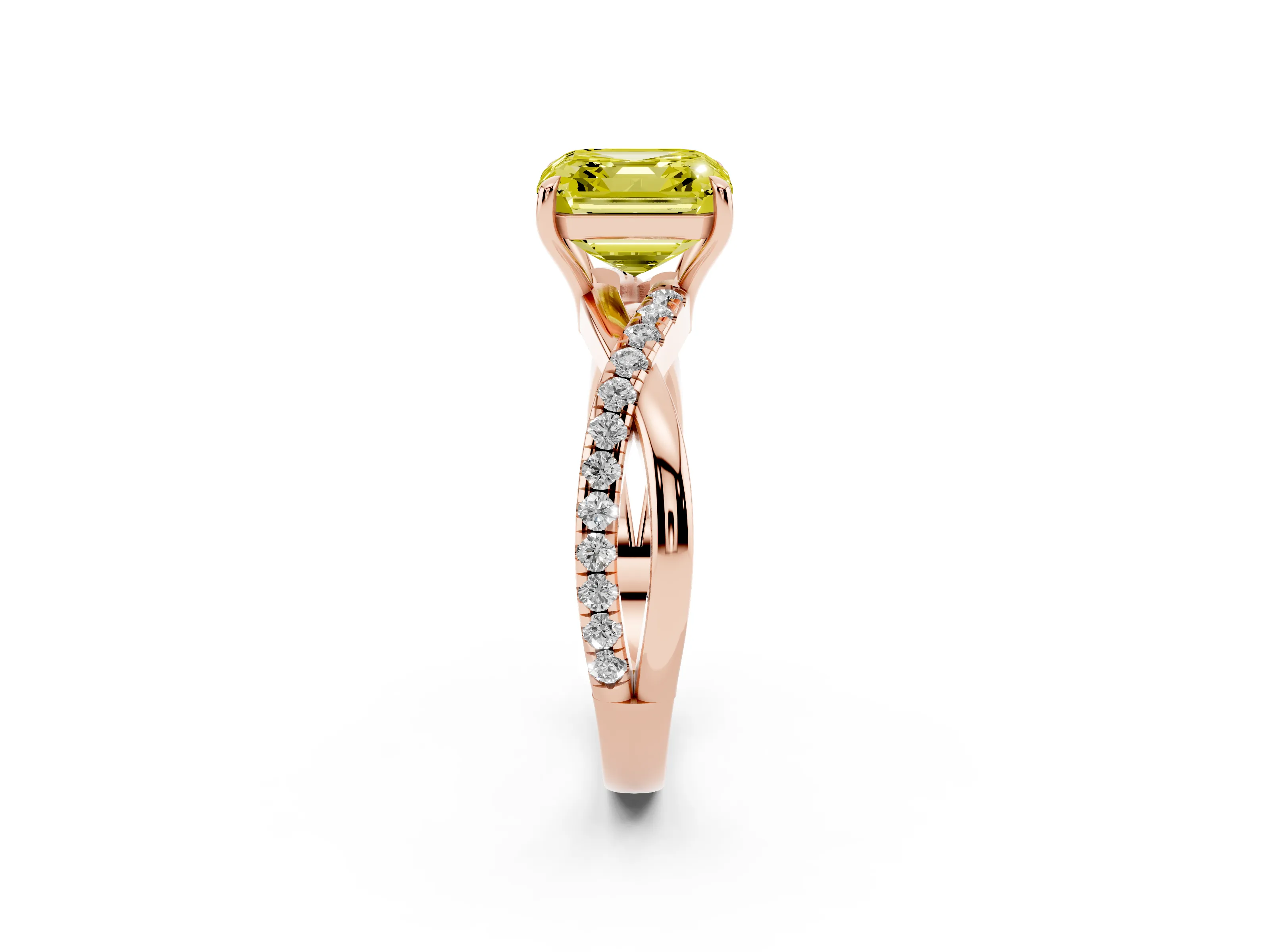 Fancy Yellow Asscher Cut Diamond Twisted Pavé Band Ring Set in Rose gold with Prong Setting