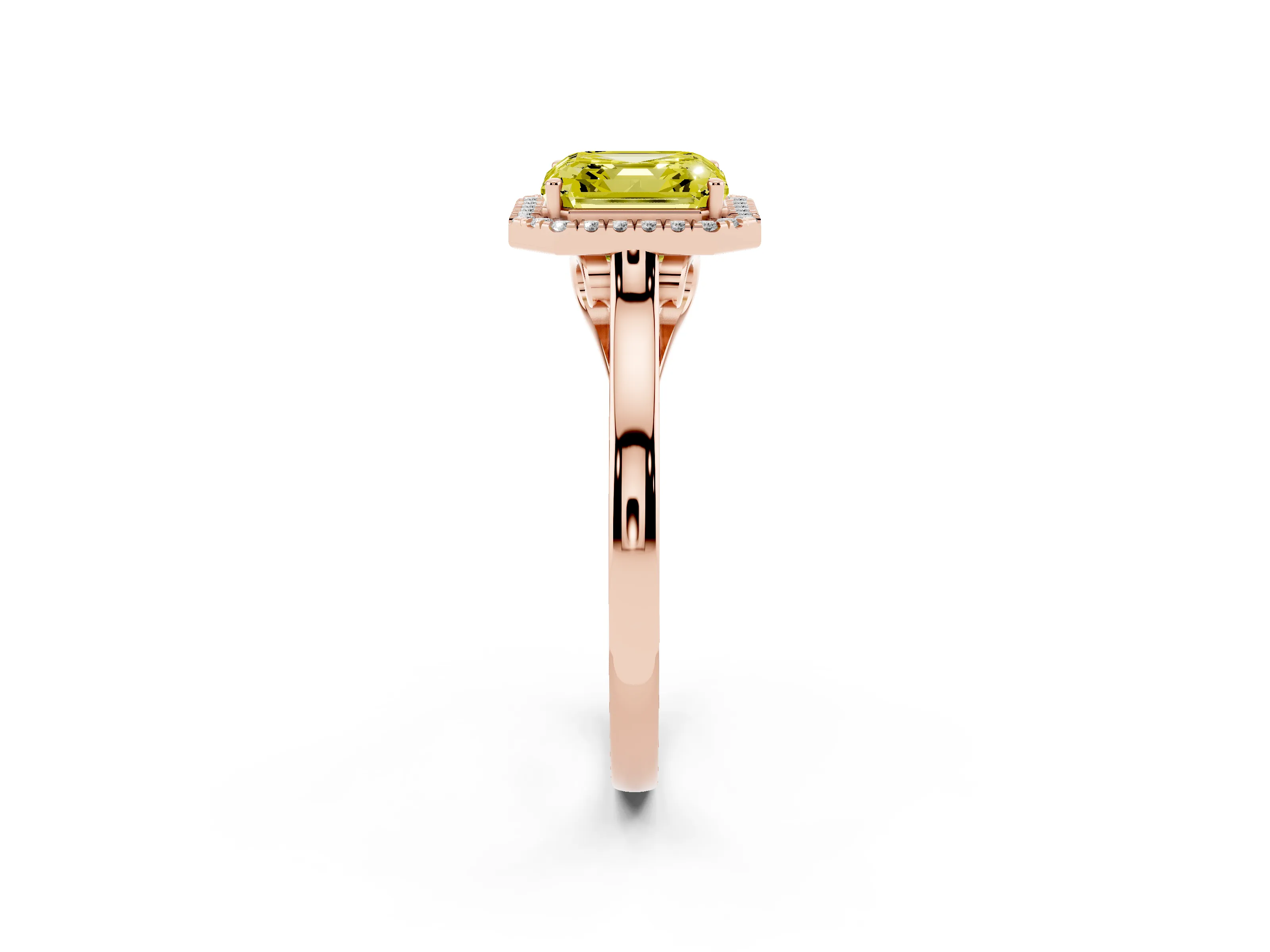 Fancy Yellow Asscher Cut Halo Round Diamond Solitaire Ring Set in Rose gold with Pavé Band and Prong Setting