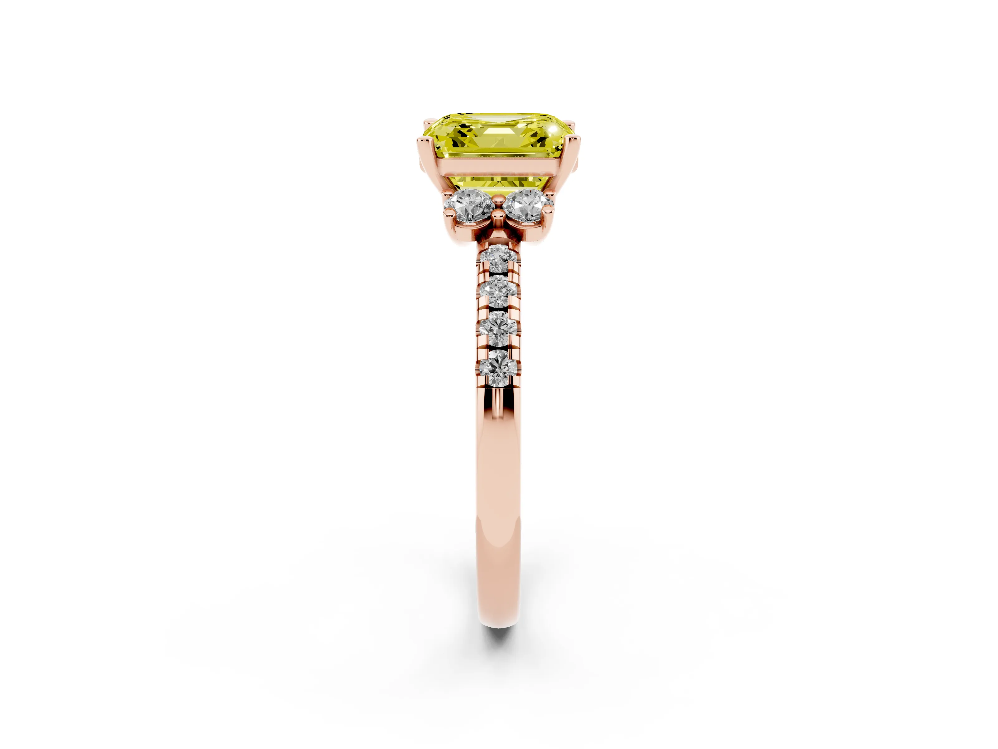 Fancy Yellow Asscher Cut Diamond Three-Stone Pavé Ring Set in Rose gold with Prong Setting