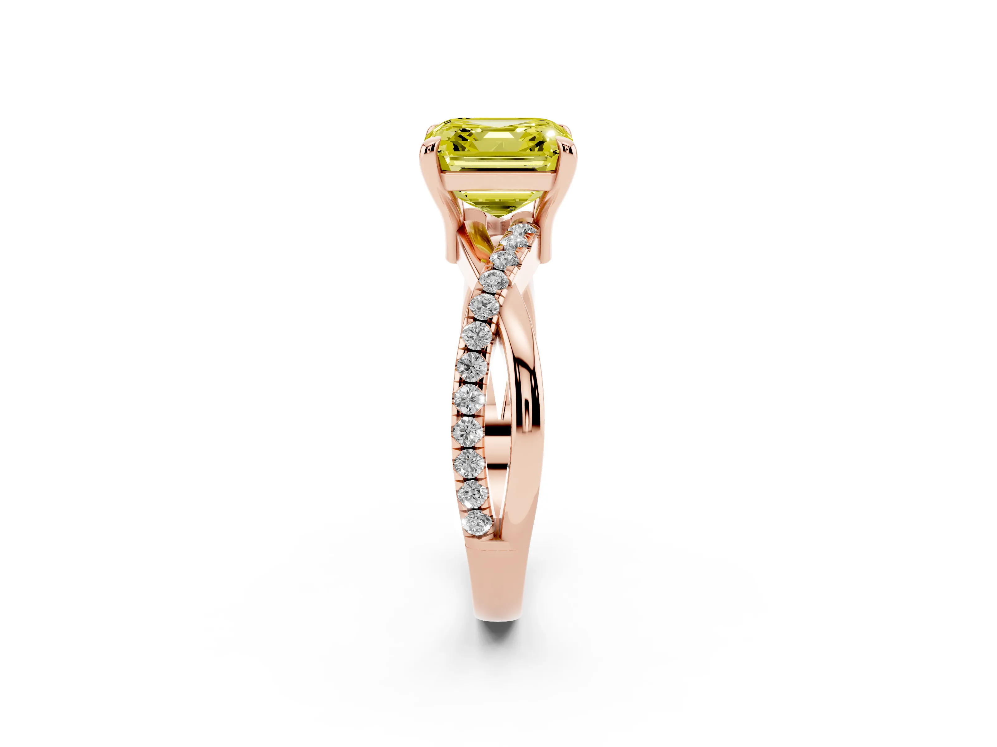 Fancy Yellow Asscher Cut Diamond Twist Band Pavé Solitaire Ring Set in Rose gold with Prong Setting