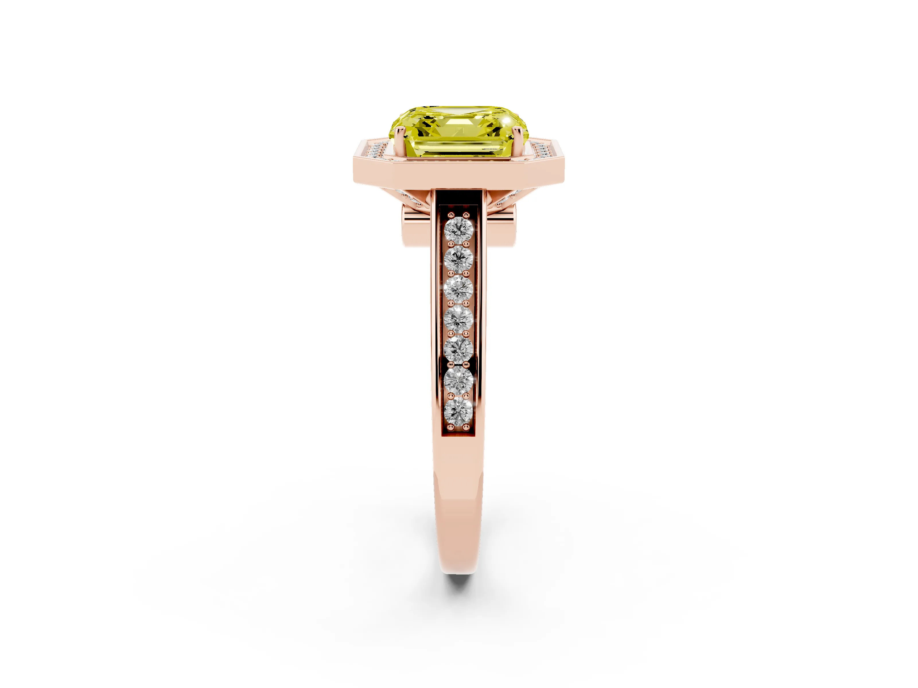 Fancy Yellow Asscher Cut Diamond Halo Solitaire Ring Set in Rose gold with Pavé Band and Bezel Setting