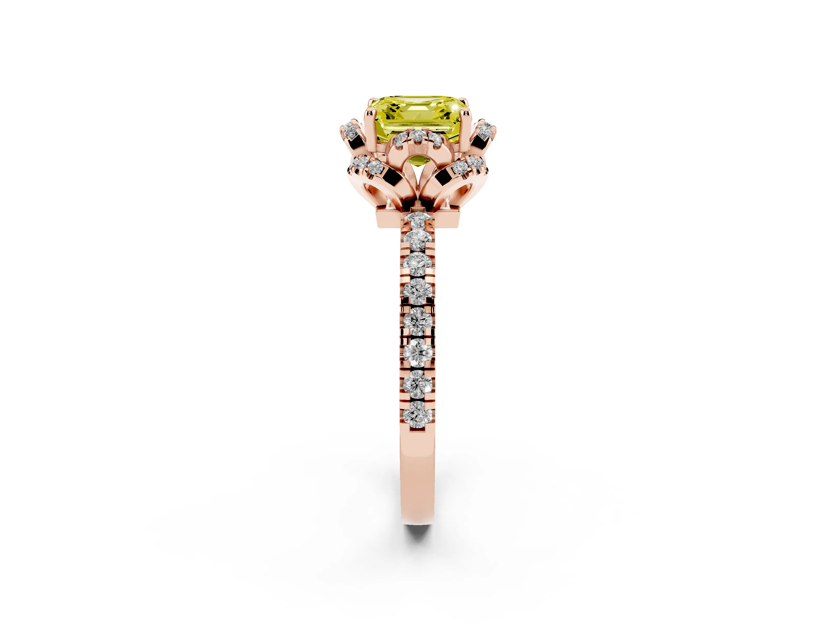 Fancy Yellow Asscher Cut Diamond Halo Pavé Band Ring Set in Rose gold with Prong-Held Center