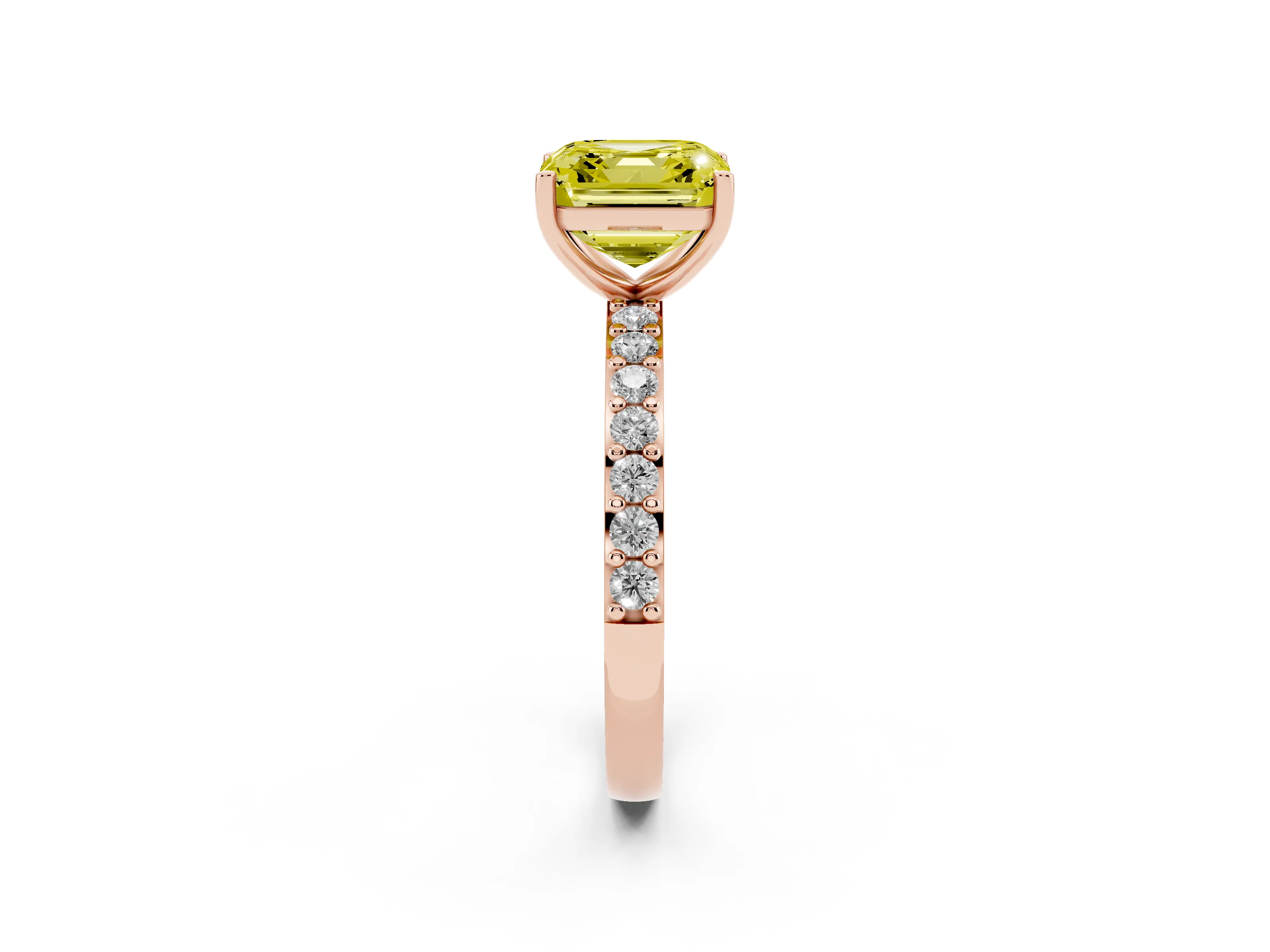 Fancy Yellow Asscher Cut Diamond Solitaire Set in Rose gold with Round Pavé Band and Prong Setting