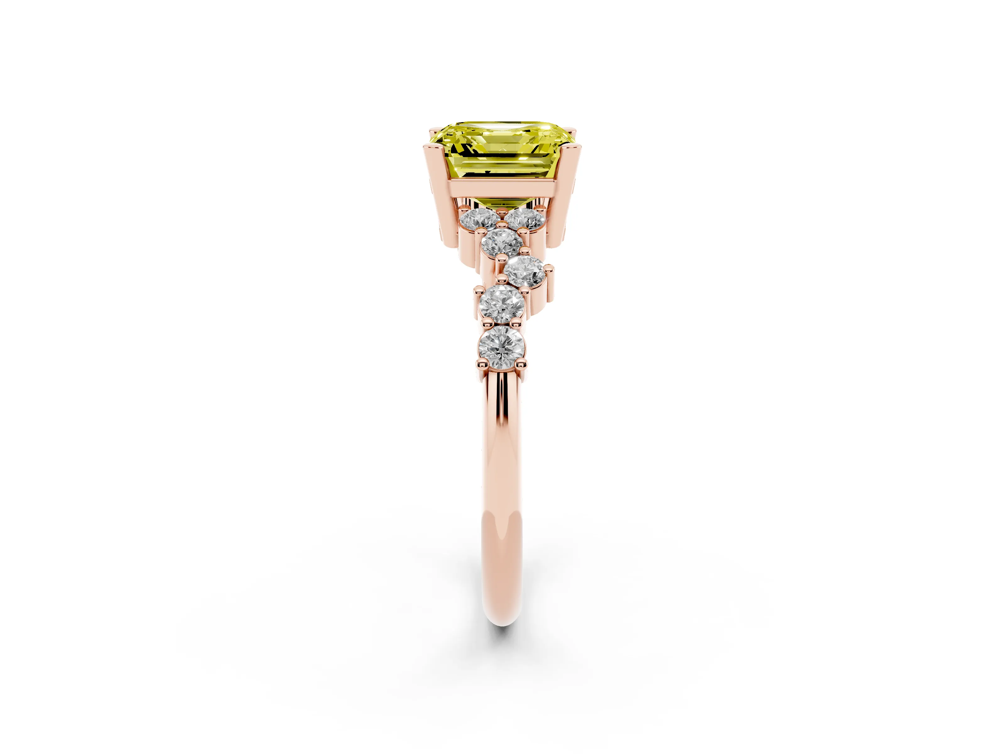 Fancy Yellow Asscher Cut Diamond Ring Set in Rose gold with Scattered Round Accents