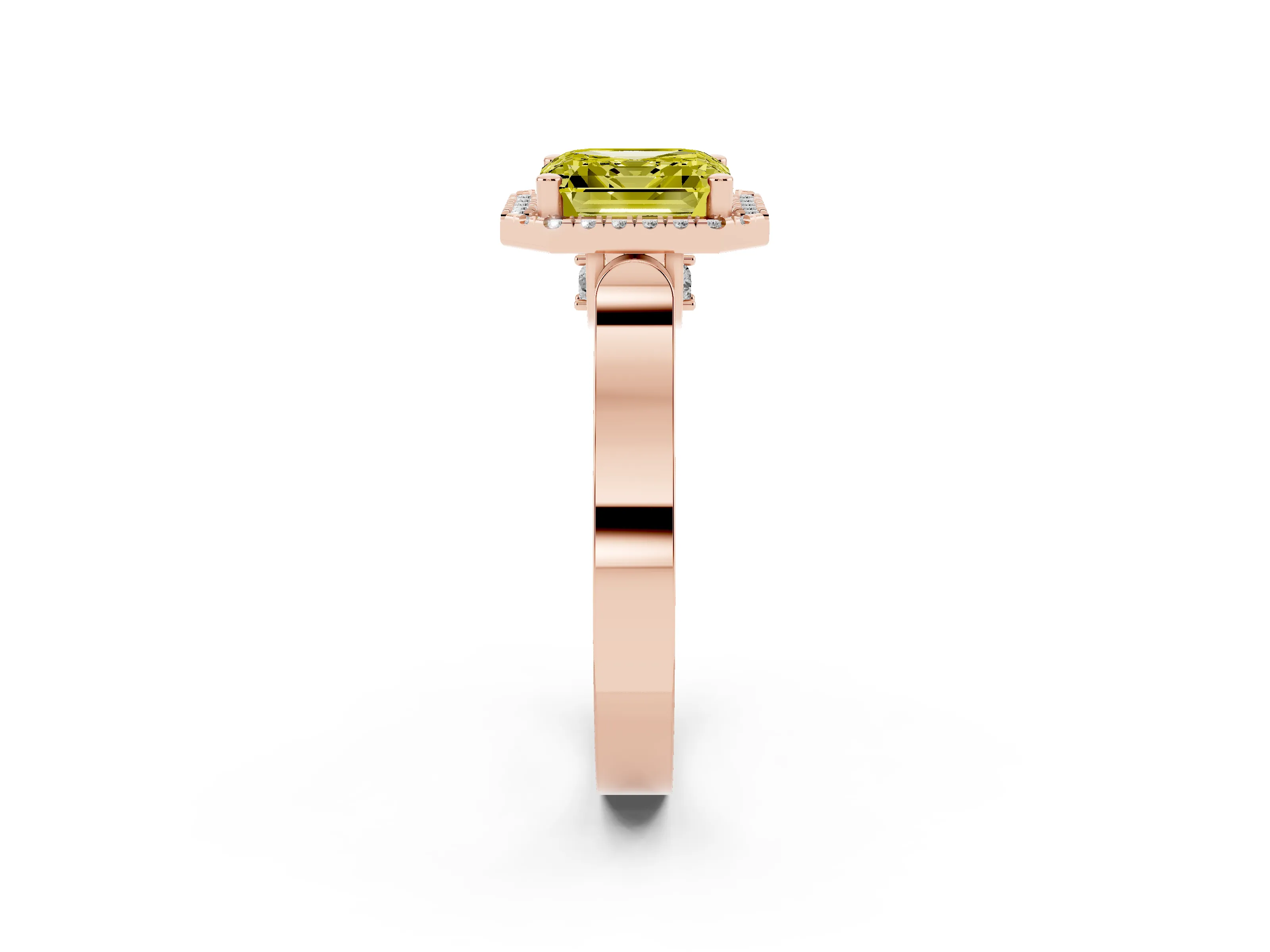 Fancy Yellow Asscher Cut Diamond Halo Ring Set in Rose gold with Pavé-Lined Split Shank Band