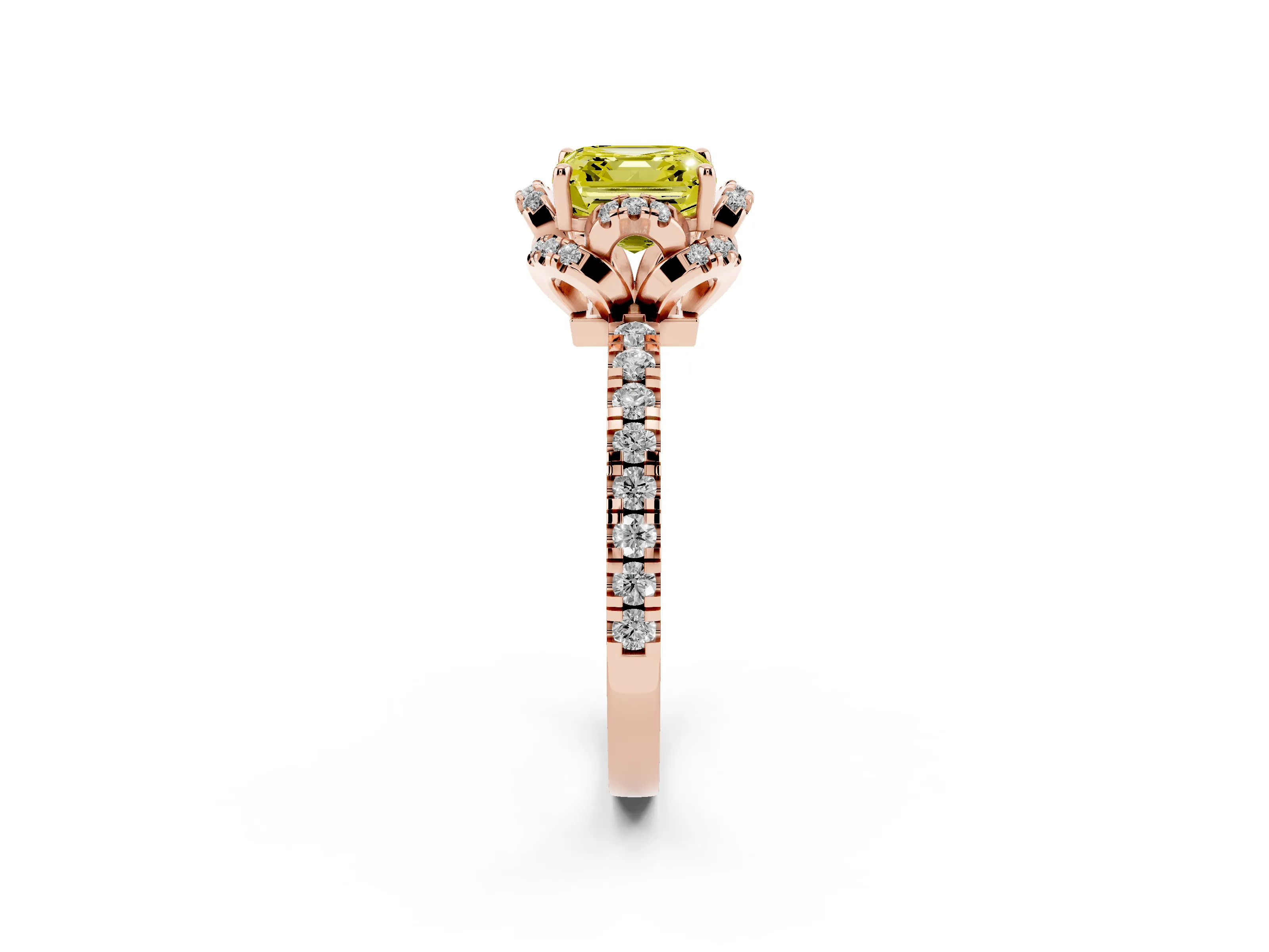 Fancy Yellow Asscher Cut Diamond Halo Pavé Ring Set in Rose gold with Prong-Held Center Stone