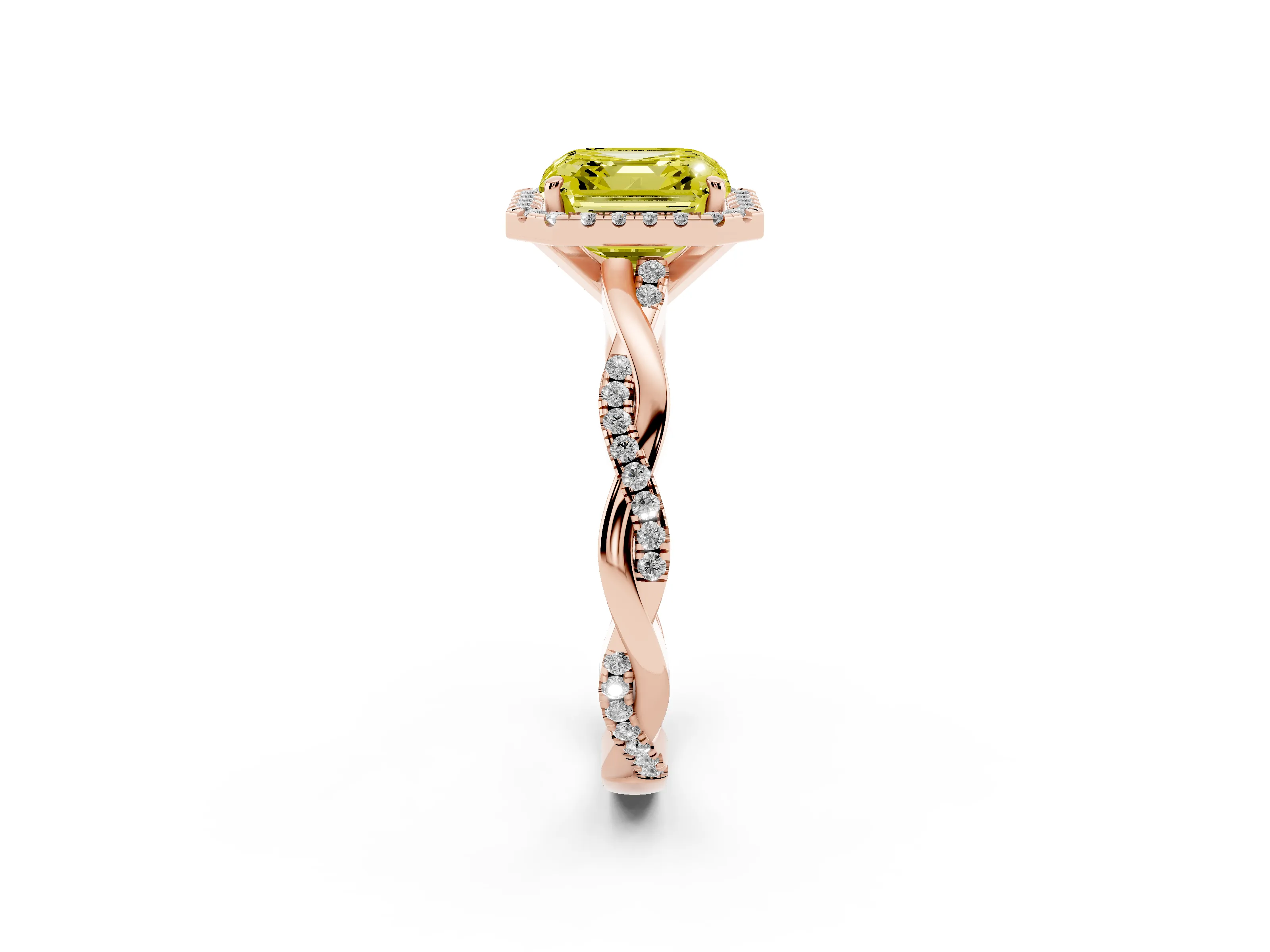 Fancy Yellow Asscher Cut Diamond Halo Twisted Band Ring Set in Rose gold with Prong Setting