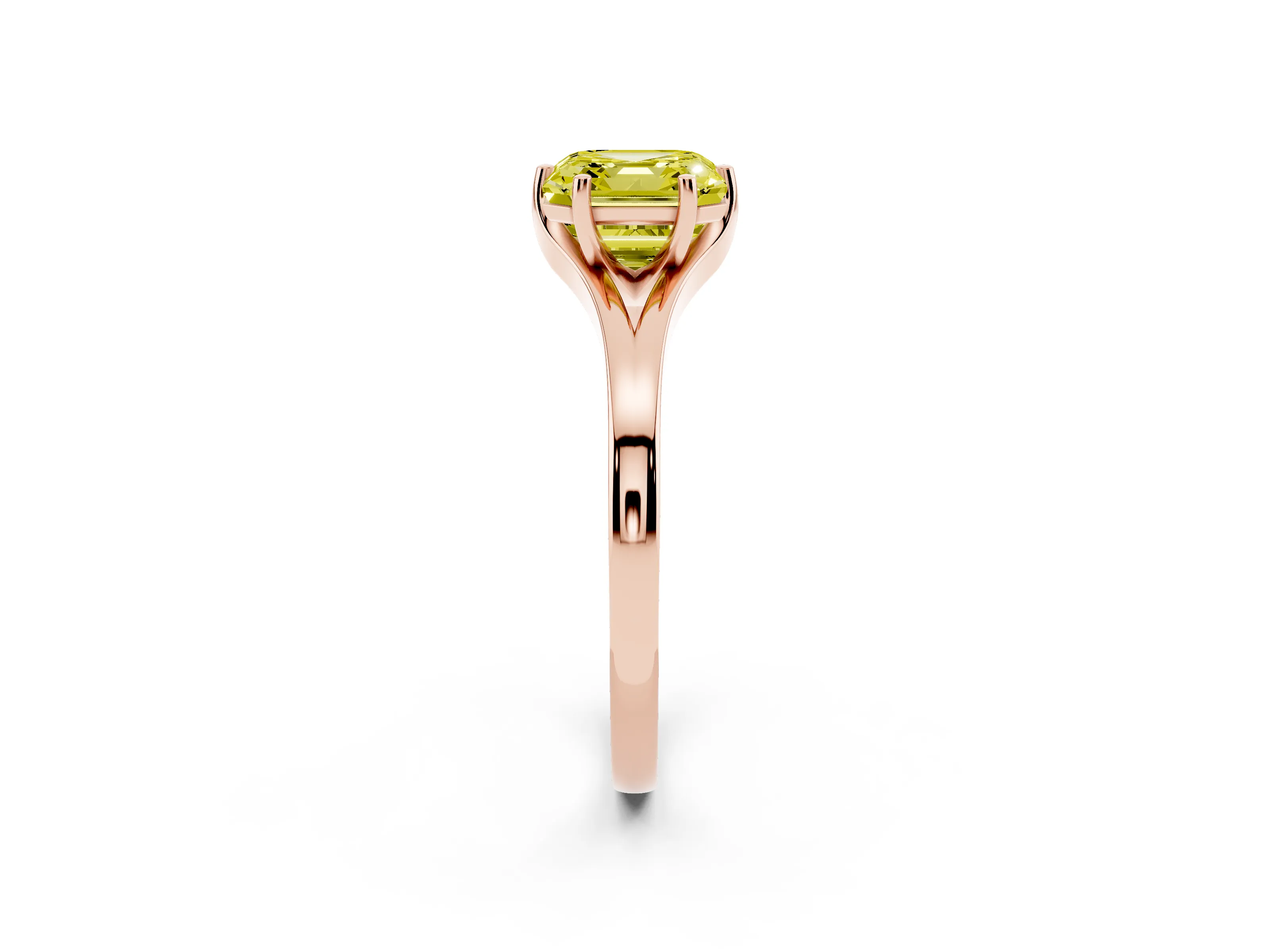 Fancy Yellow Asscher Cut Diamond Solitaire Ring Set in Rose gold with Polished Tapered Band and Prong Setting