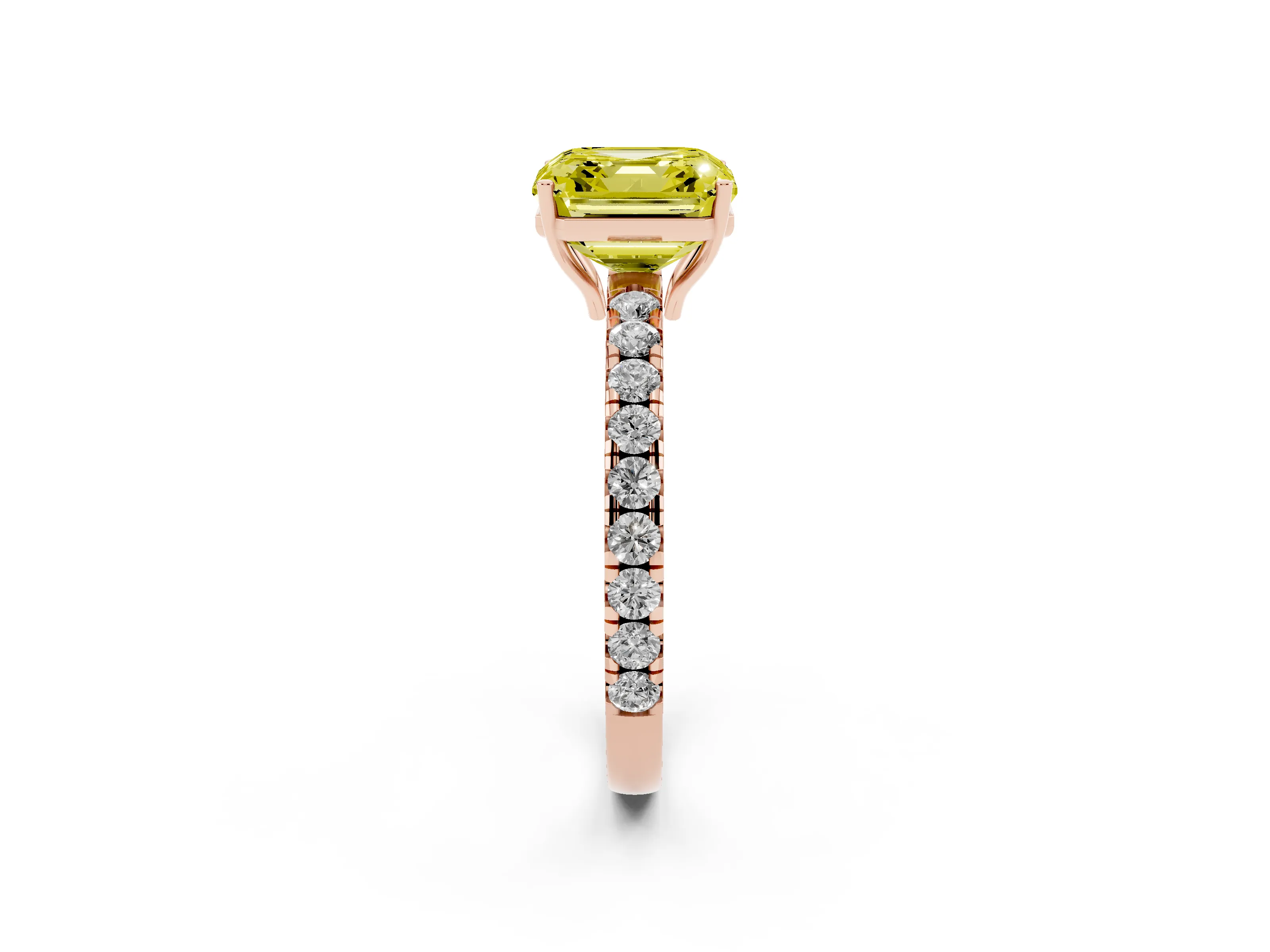 Fancy Yellow Asscher Cut Diamond Pavé Solitaire Engagement Ring Set in Rose gold with Prong Setting