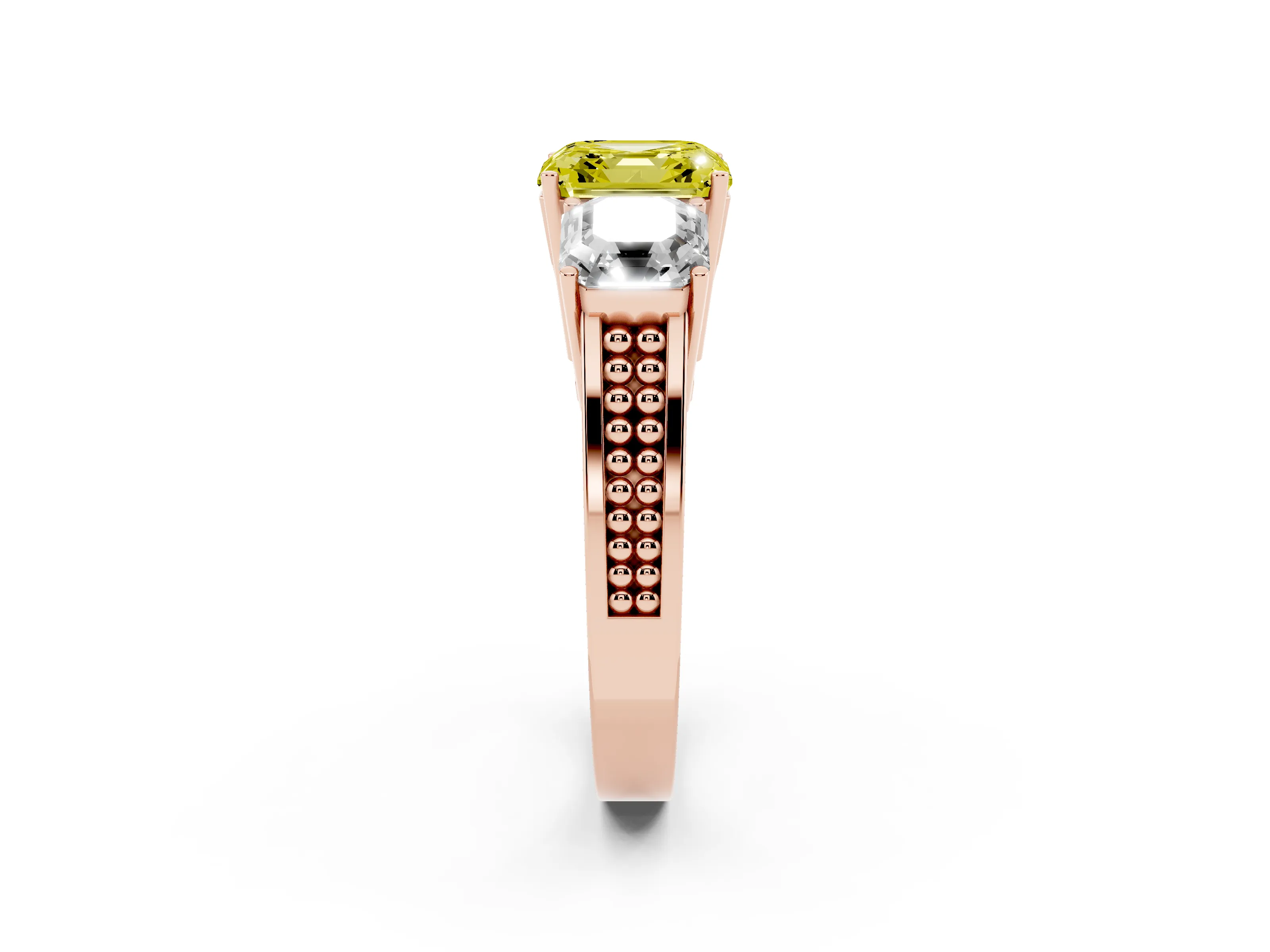 Fancy Yellow Asscher Cut Diamond Three-Stone Ring Set in Rose gold with Textured Band