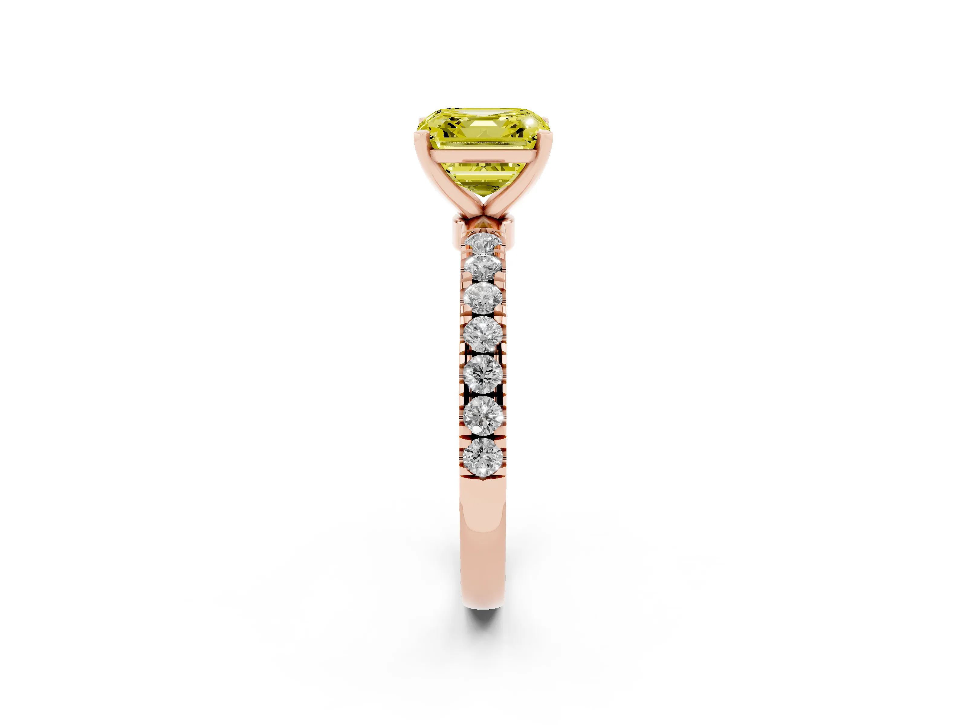Fancy Yellow Asscher Cut Diamond Solitaire Ring Set in Rose gold with Pavé Accents and Prong Setting