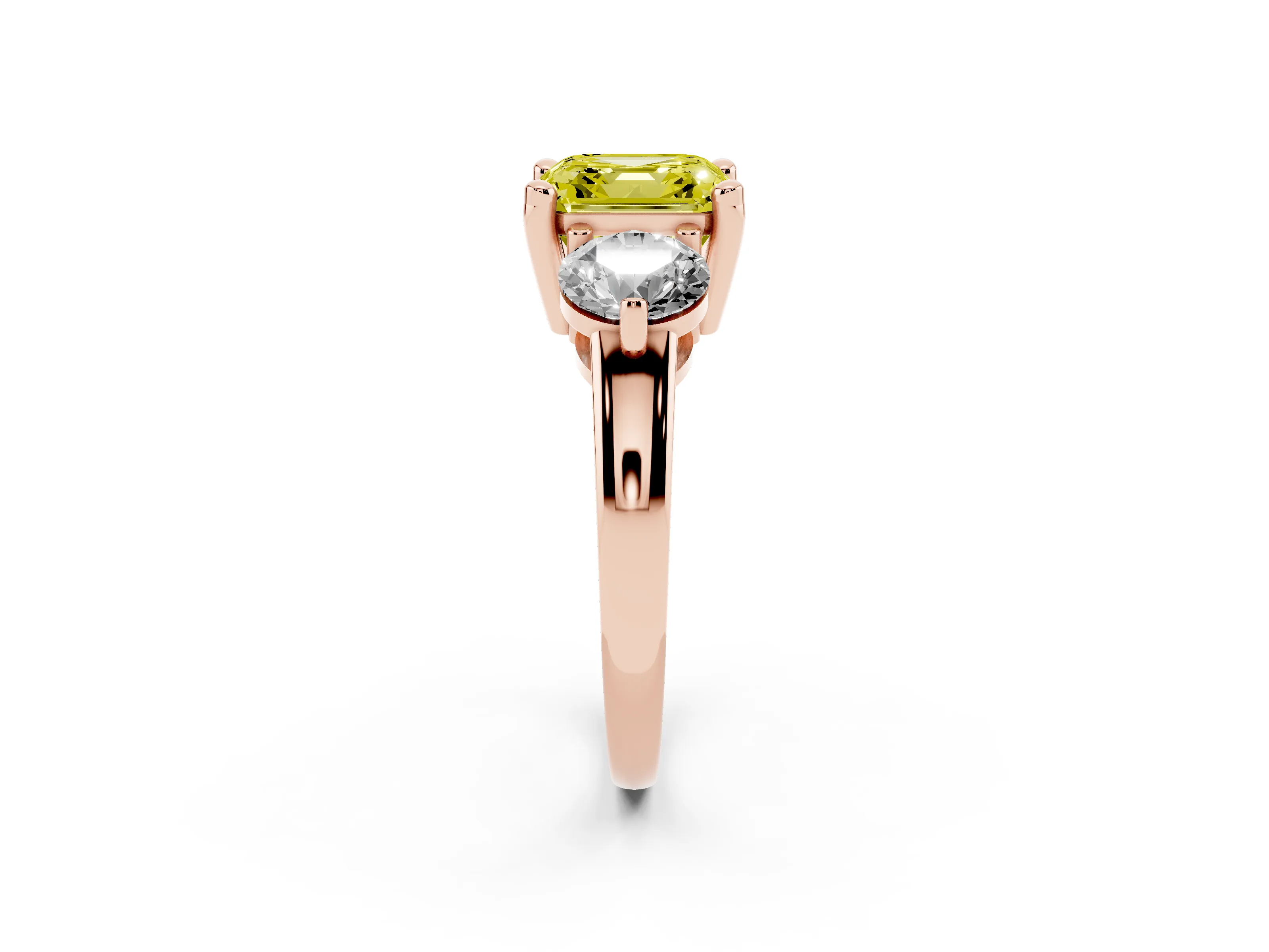 Fancy Yellow Asscher Cut Diamond Three-Stone Ring Set in Rose gold with Prong Setting and Classic Band