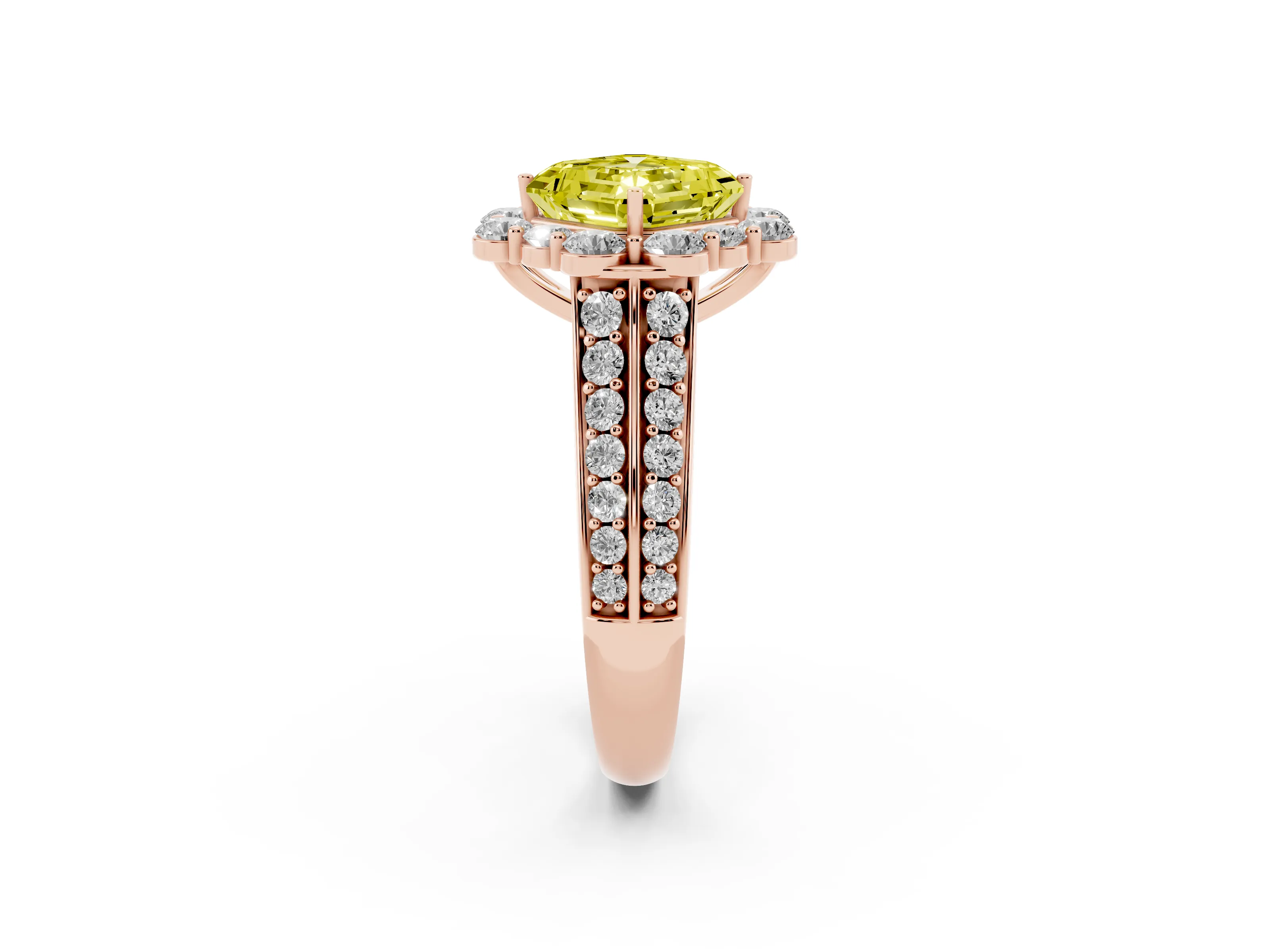 Fancy Yellow Asscher Cut Diamond Halo Engagement Ring Set in Rose gold with Split Shank and Prong Setting