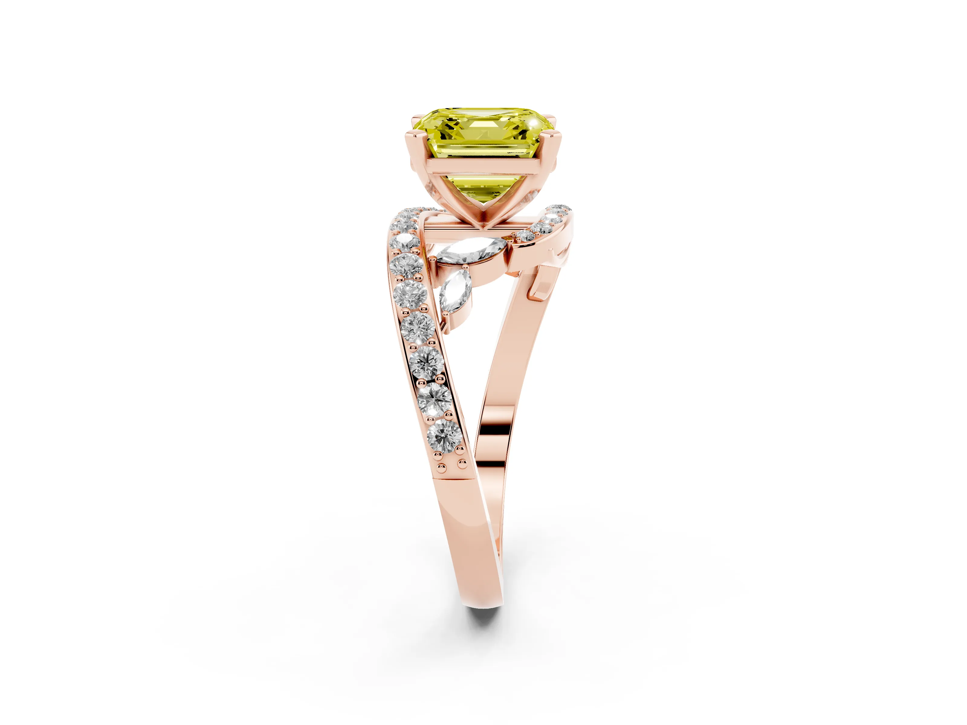 Fancy Yellow Asscher Cut Diamond Solitaire Ring Set in Rose gold with Pavé Twist Band and Secure Prong Setting