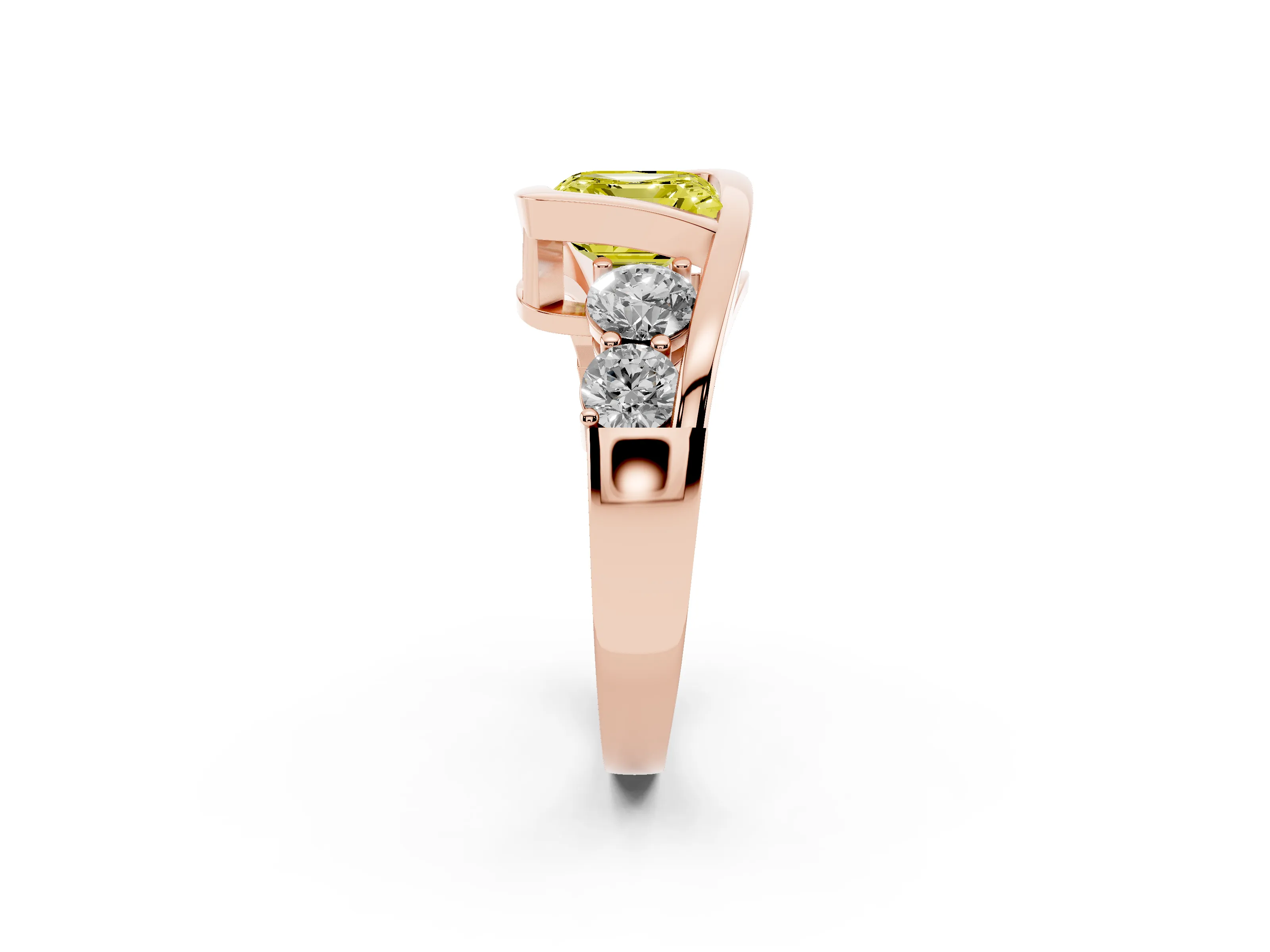 Fancy Yellow Asscher Cut Diamond Bezel Bypass Ring Set in Rose gold with Round Accents