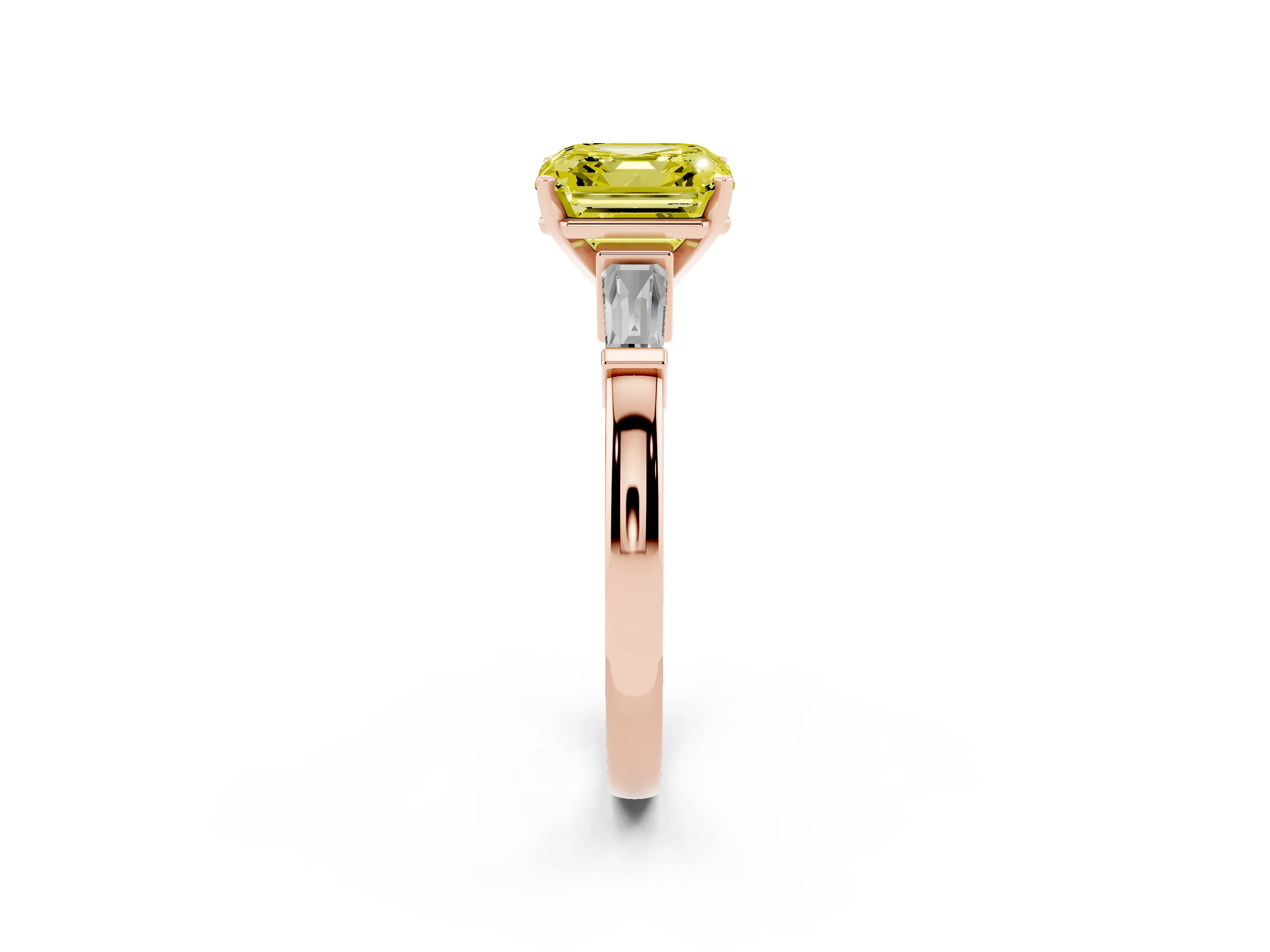 Fancy Yellow Asscher Cut Diamond Solitaire Ring Set in Rose gold with Tapered Baguette Accents and Prong Setting