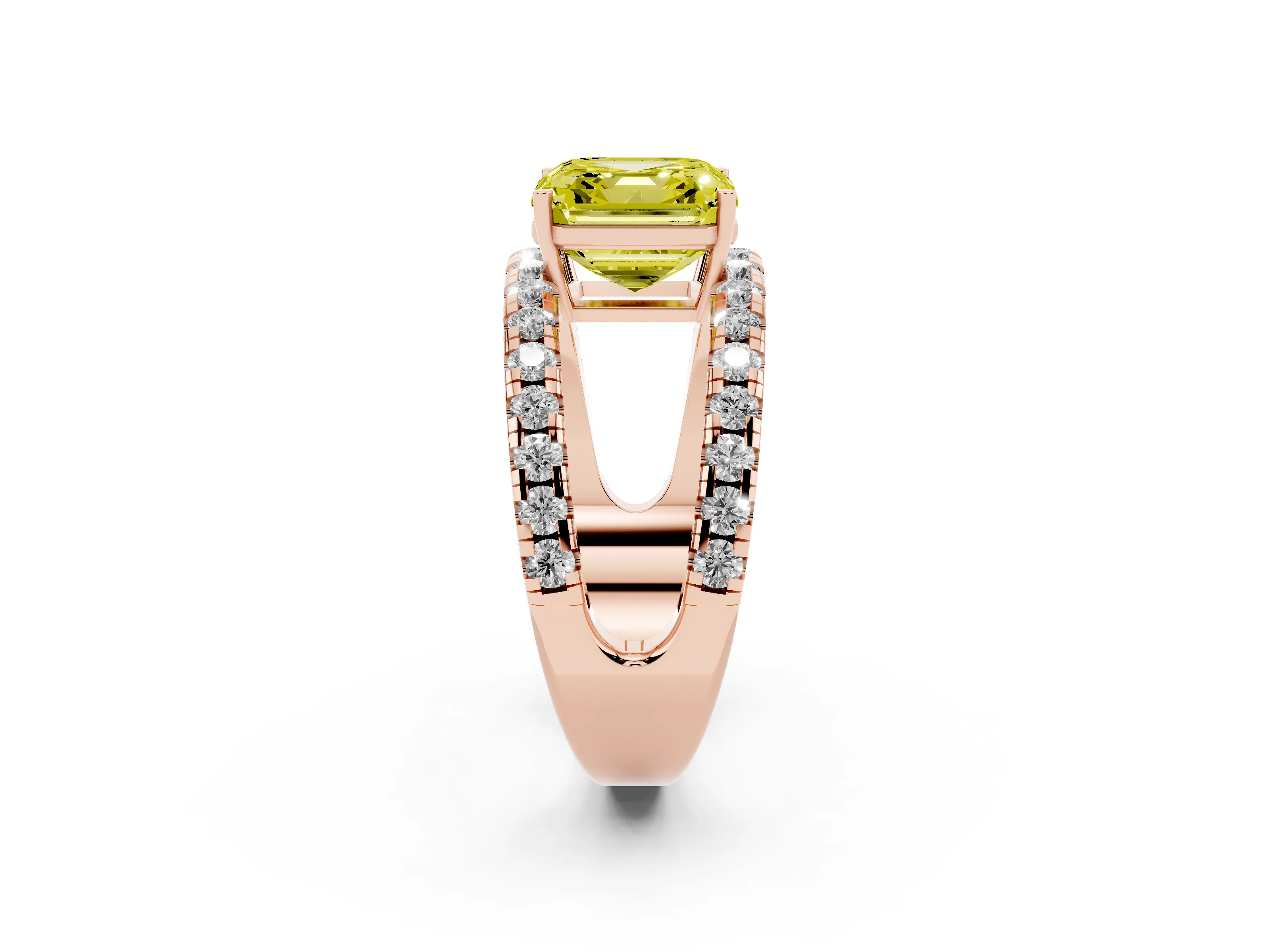 Fancy Yellow Asscher Cut Diamond Split Shank Pavé Solitaire Ring Set in Rose gold with Open Shank Design
