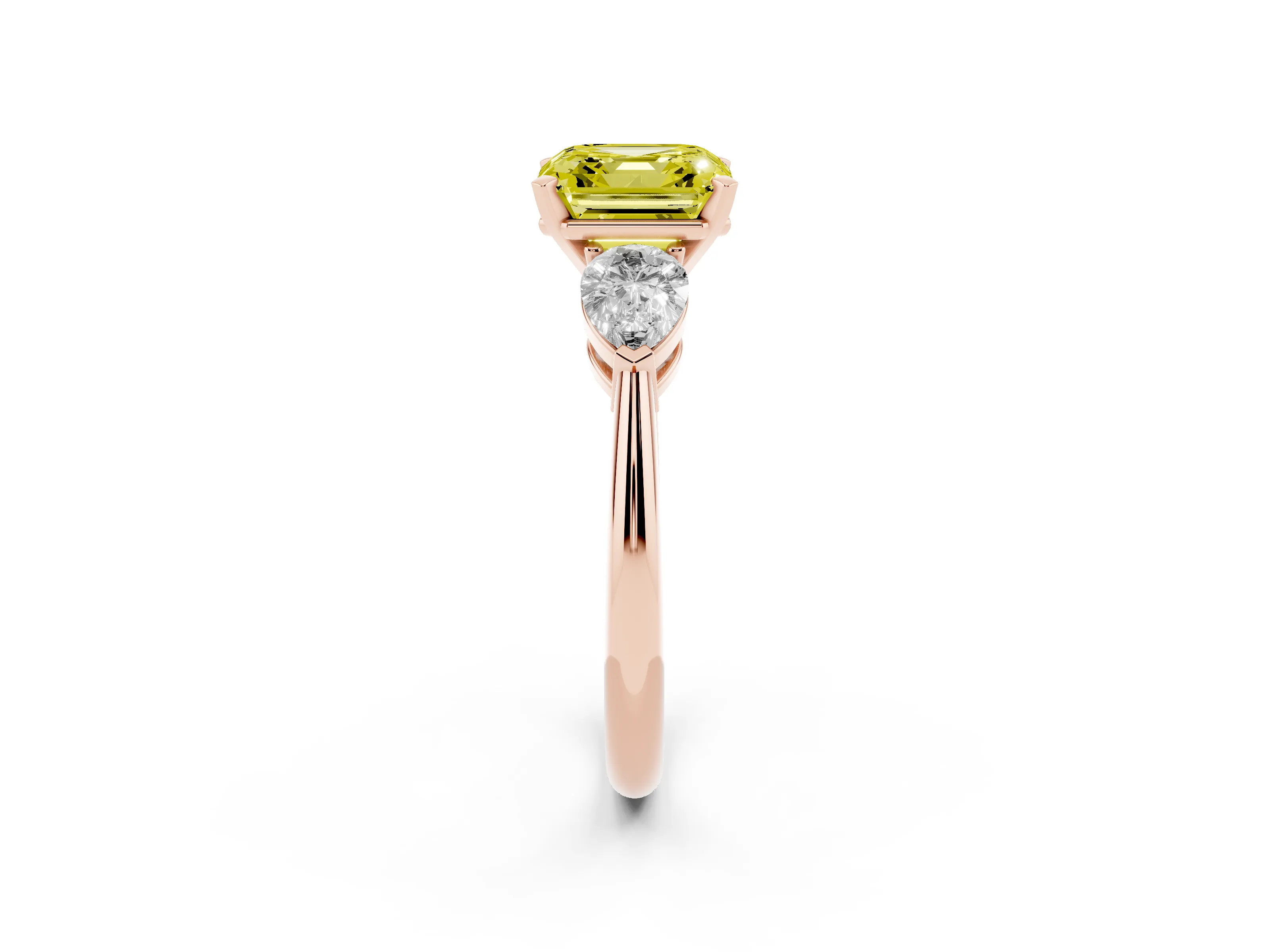 Fancy Yellow Three-Stone Asscher Cut Diamond Ring Set in Rose gold with Pear Side Stones and Prong Setting