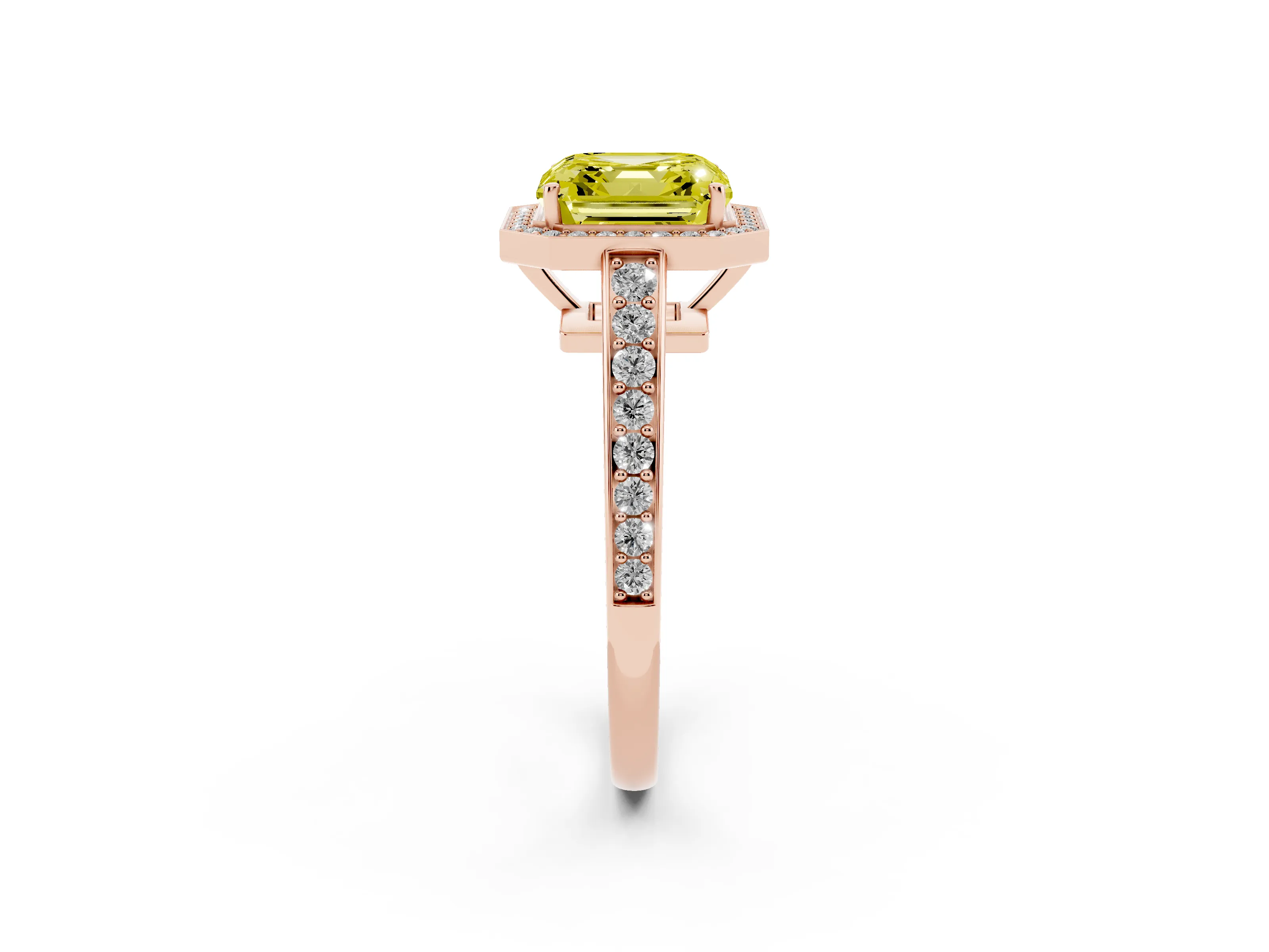Fancy Yellow Asscher Cut Diamond Halo Pavé Engagement Ring Set in Rose gold with Bezel Setting