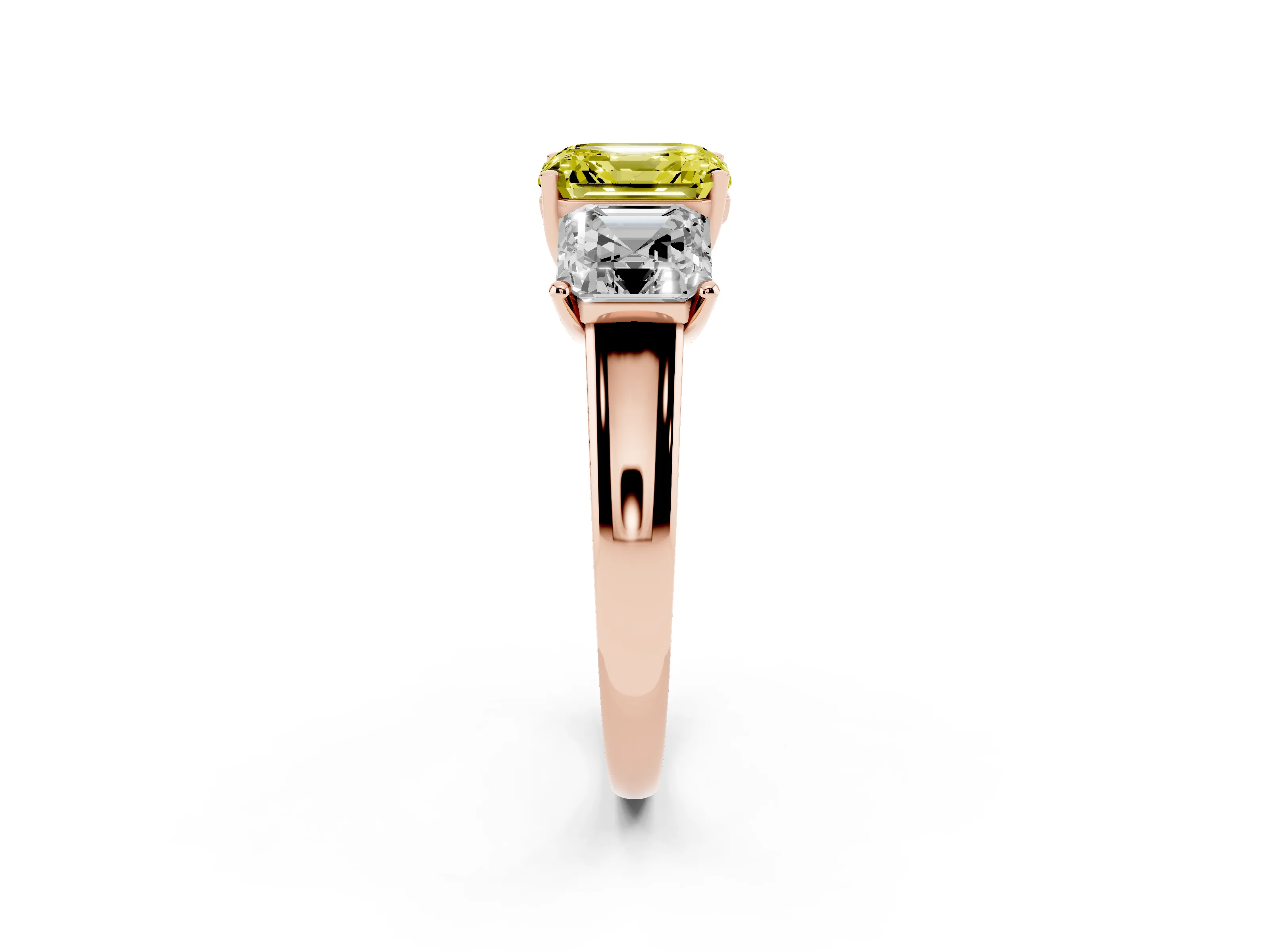 Fancy Yellow Asscher Cut Diamond Three-Stone Ring Set in Rose gold with Classic Prong Setting and Plain Band