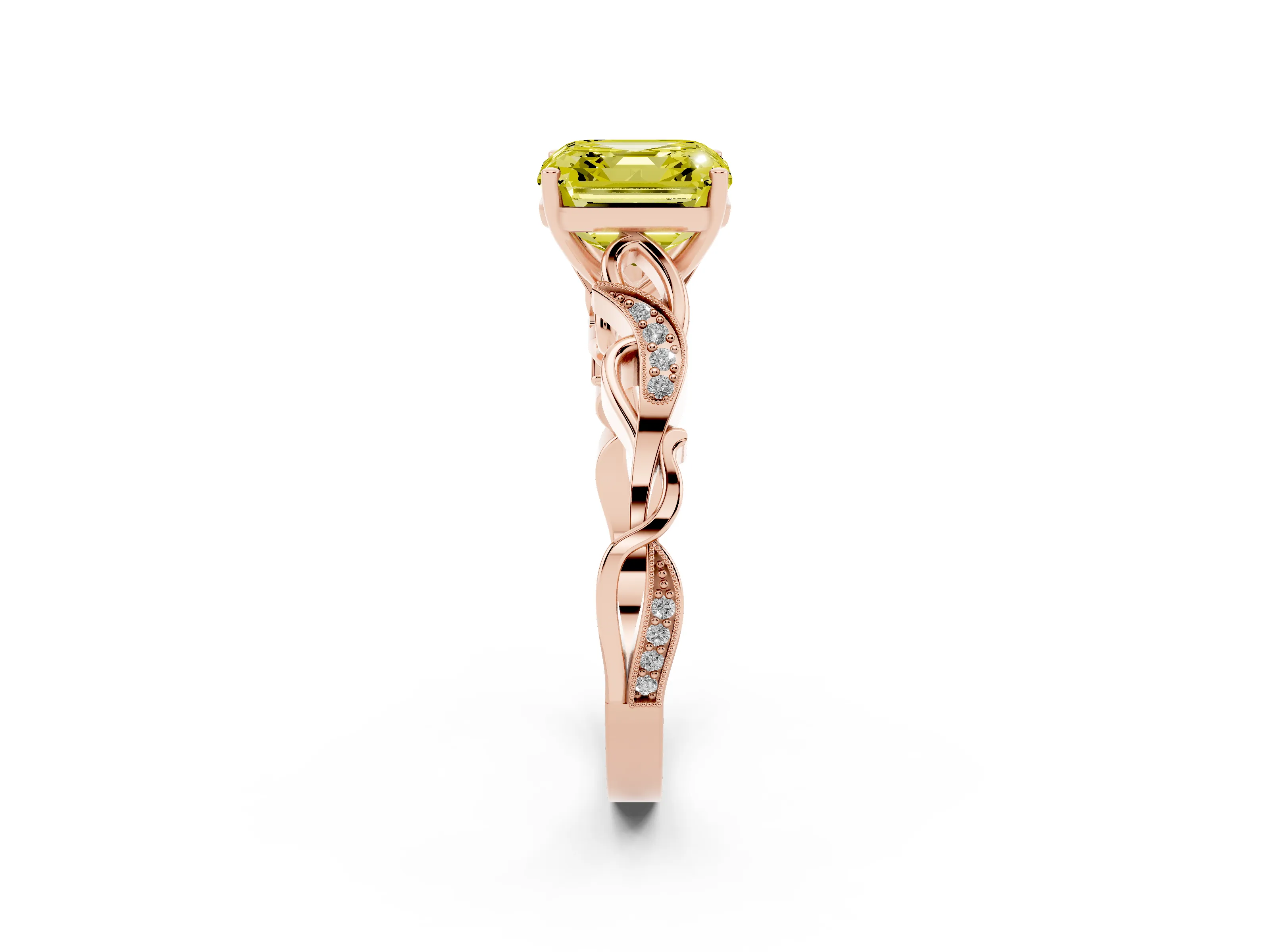 Fancy Yellow Asscher Cut Diamond Vine Band Solitaire Ring Set in Rose gold with Milgrain Prong Setting