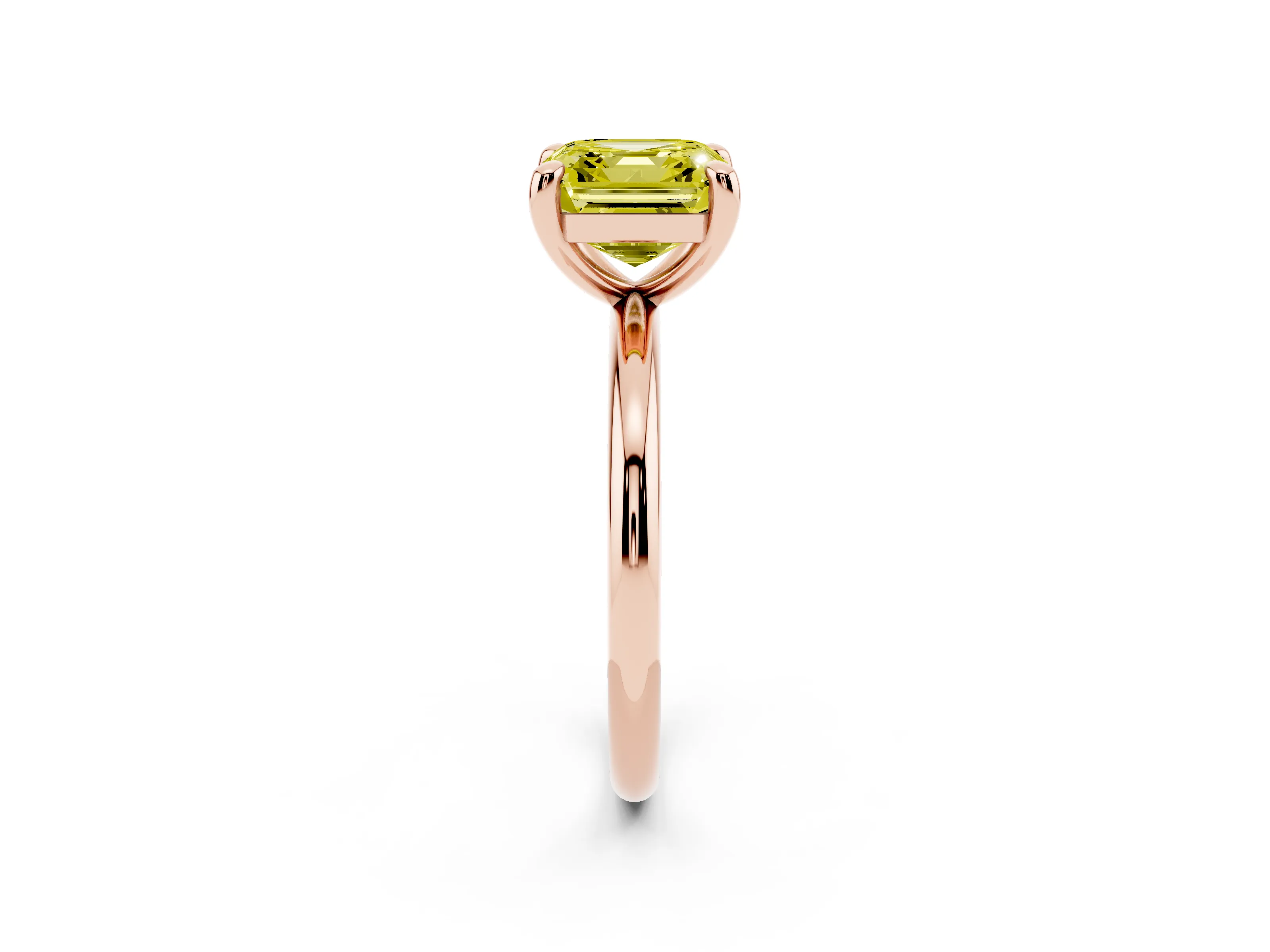 Fancy Yellow Asscher Cut Diamond Solitaire Ring Set in Rose gold with Prong Setting on a Polished Plain Band