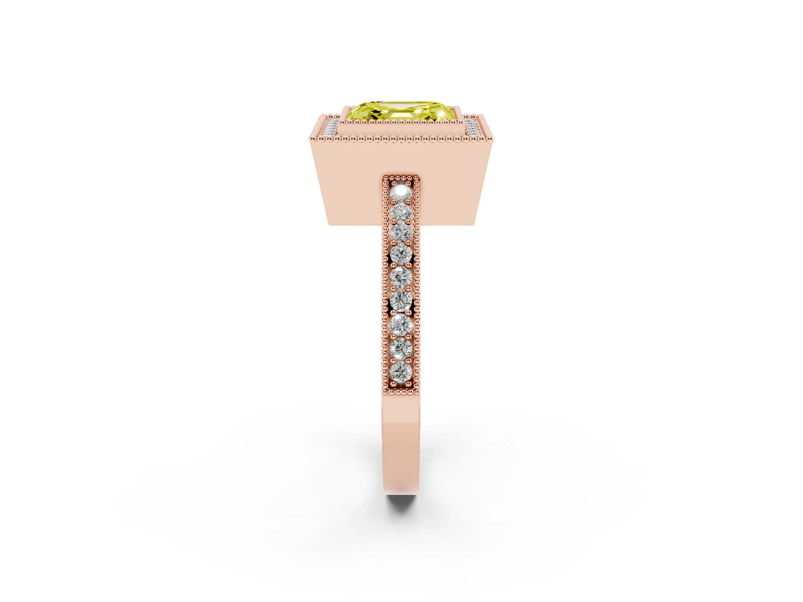Fancy Yellow Asscher Cut Diamond Round Halo Ring Set in Rose gold with Pavé Band