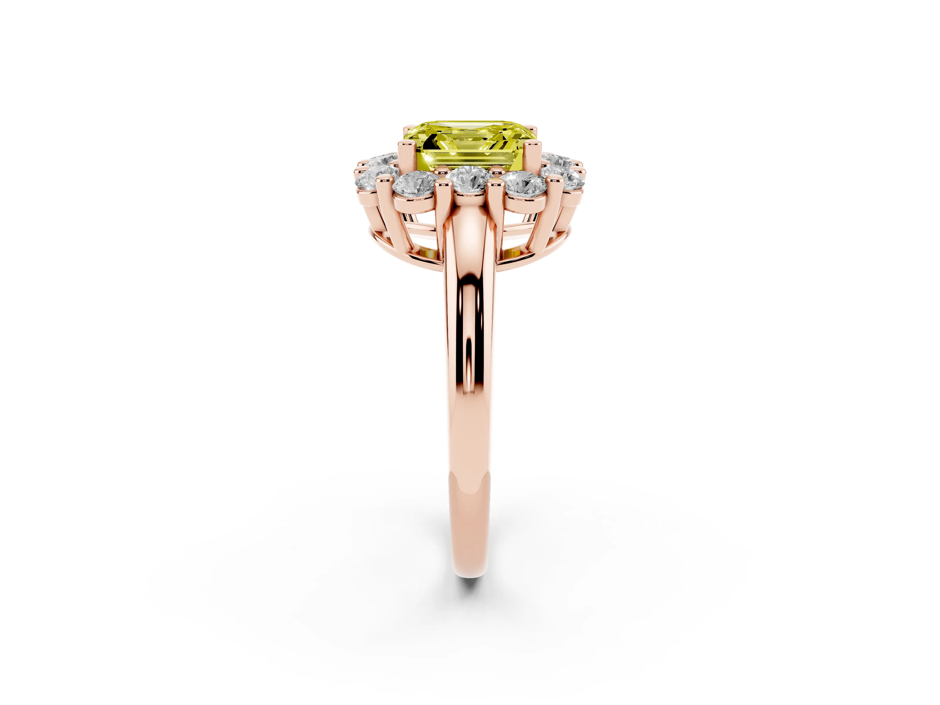 Fancy Yellow Asscher Cut Diamond Halo Cluster Engagement Ring Set in Rose gold with Polished Band and Prong Setting