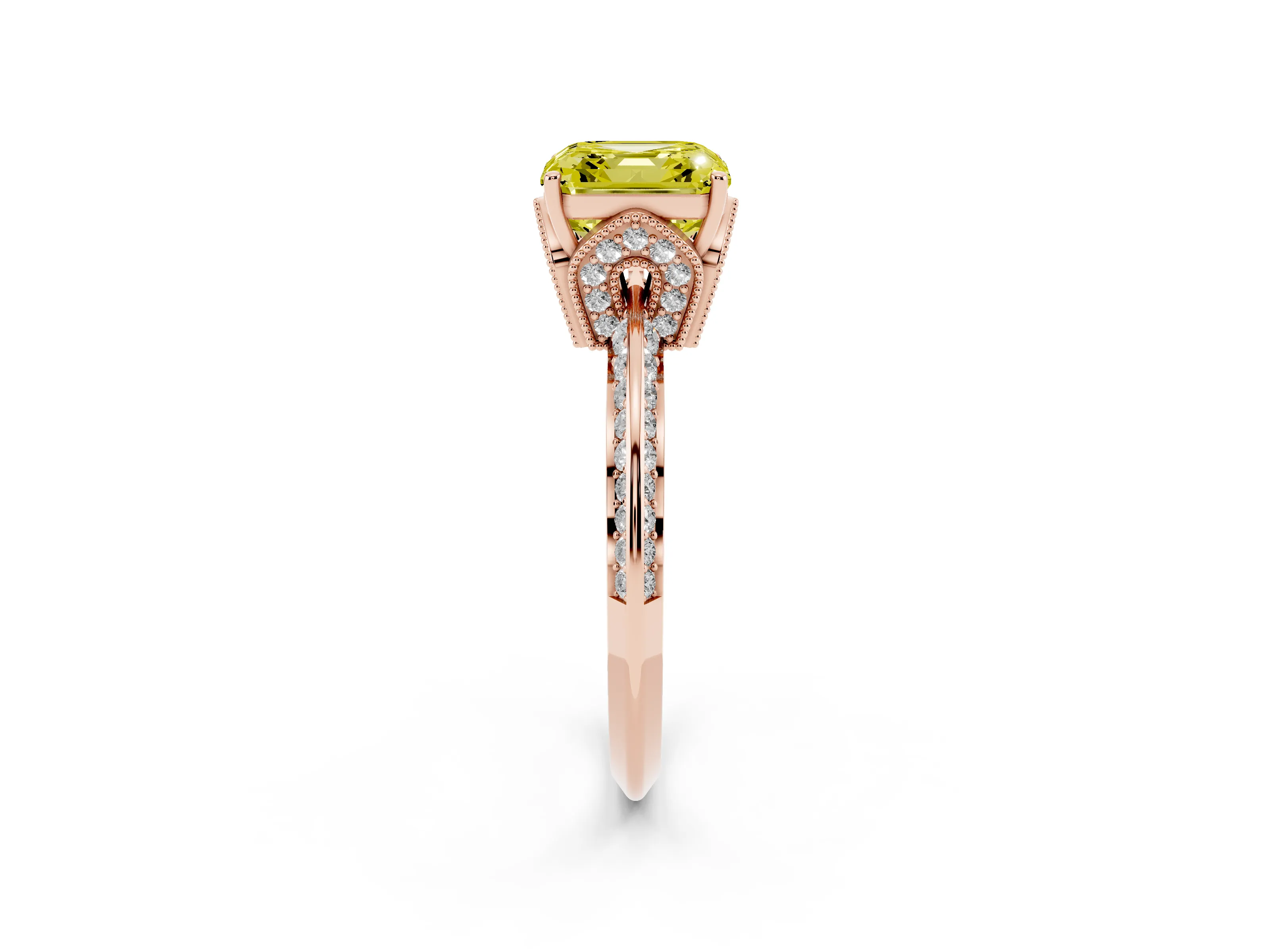 Fancy Yellow Asscher Cut Diamond Solitaire Engagement Ring Set in Rose gold with Pavé Split Shank and Prong Setting