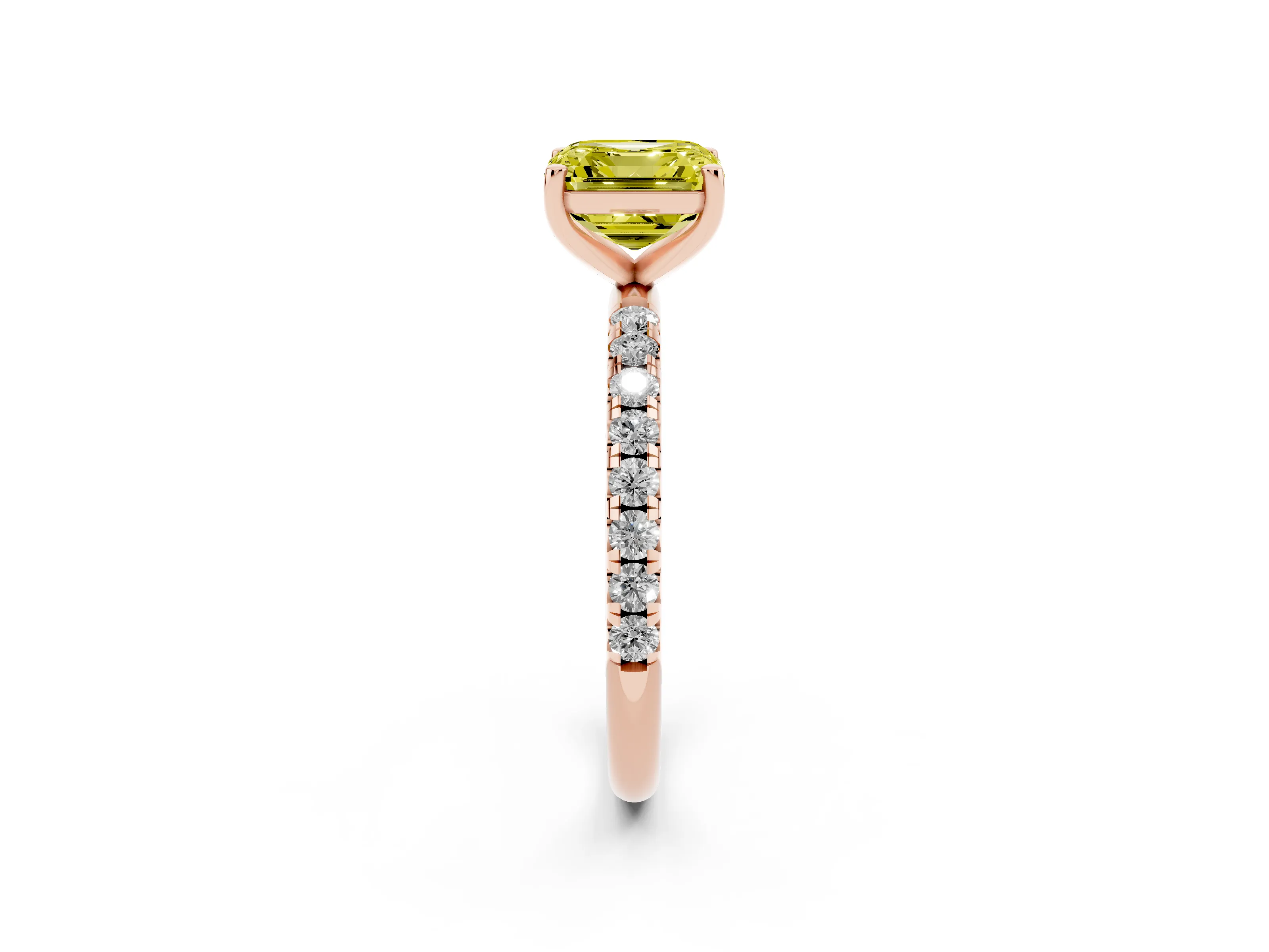 Fancy Yellow Asscher Cut Diamond Solitaire Ring Set in Rose gold with Micro Pavé Band and Prong Setting