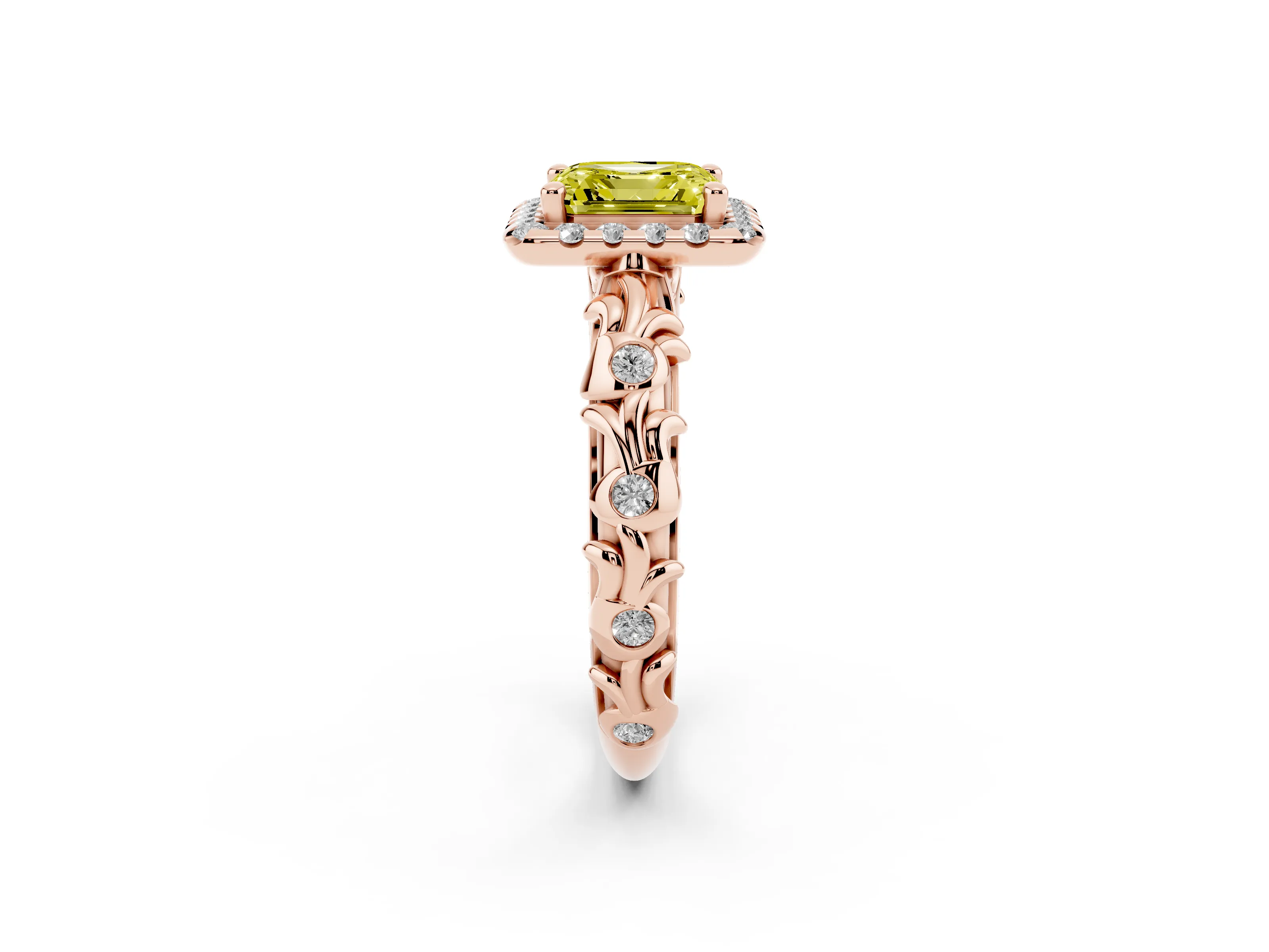 Fancy Yellow Asscher Cut Diamond Halo Ring Set in Rose gold with Filigree Leaf Band and Prong Setting