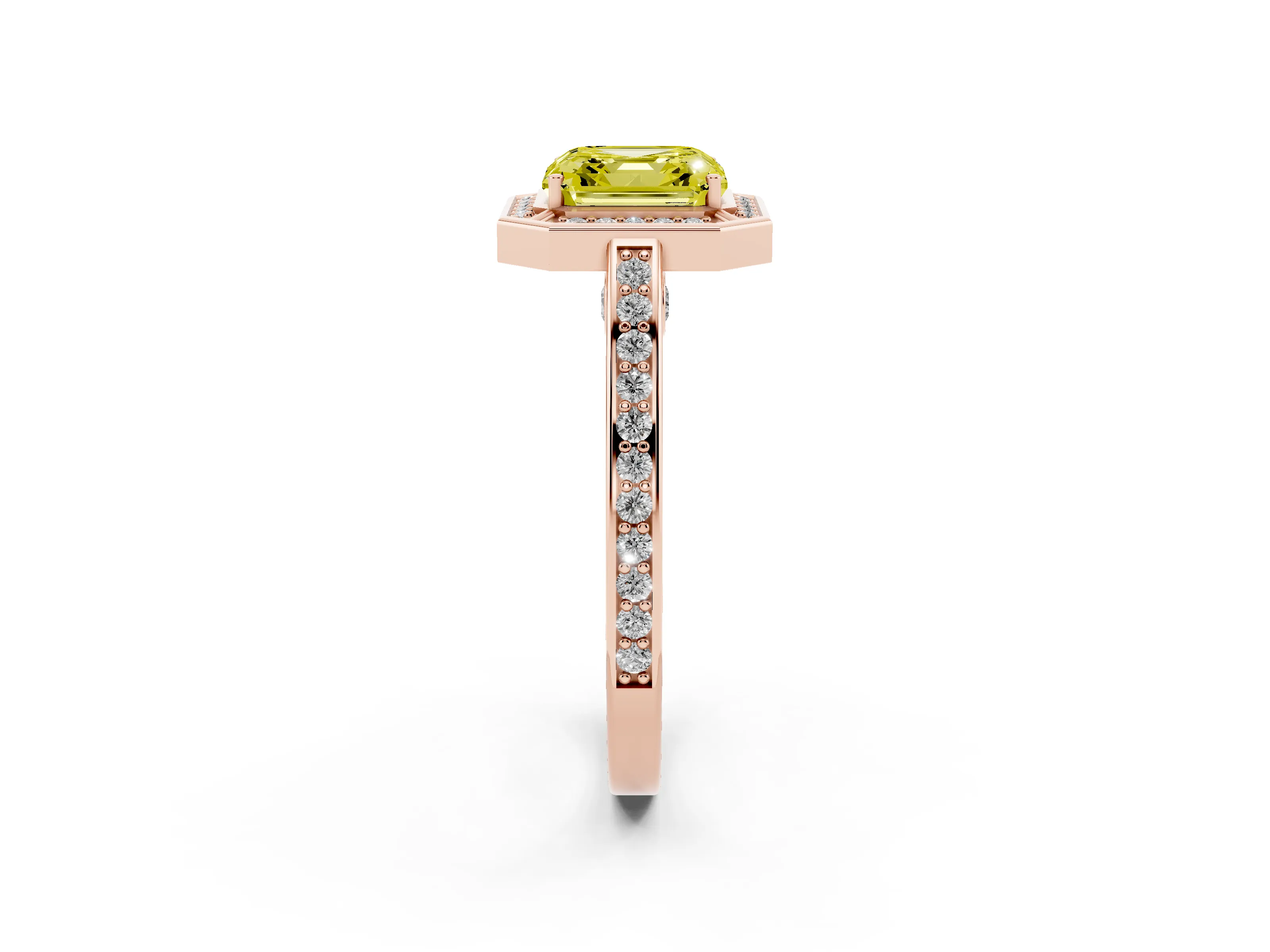 Fancy Yellow Asscher Cut Diamond Halo Pavé Split Shank Ring Set in Rose gold with Prong Setting