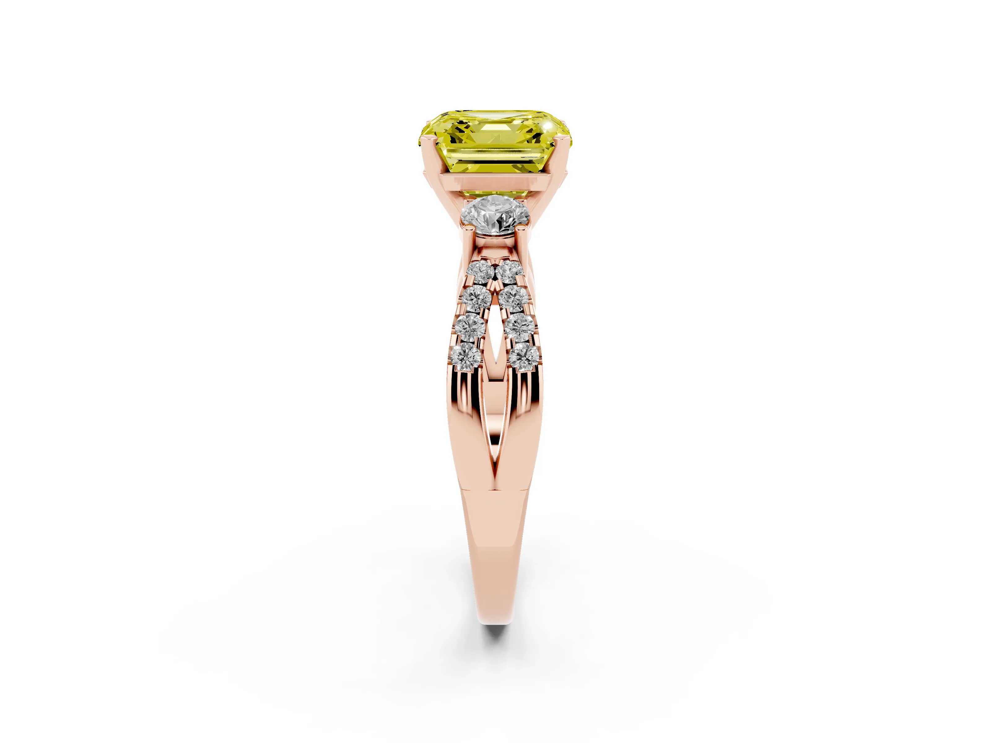 Fancy Yellow Asscher Cut Diamond Three-Stone Ring Set in Rose gold with Pavé Split Shank and Prong Setting