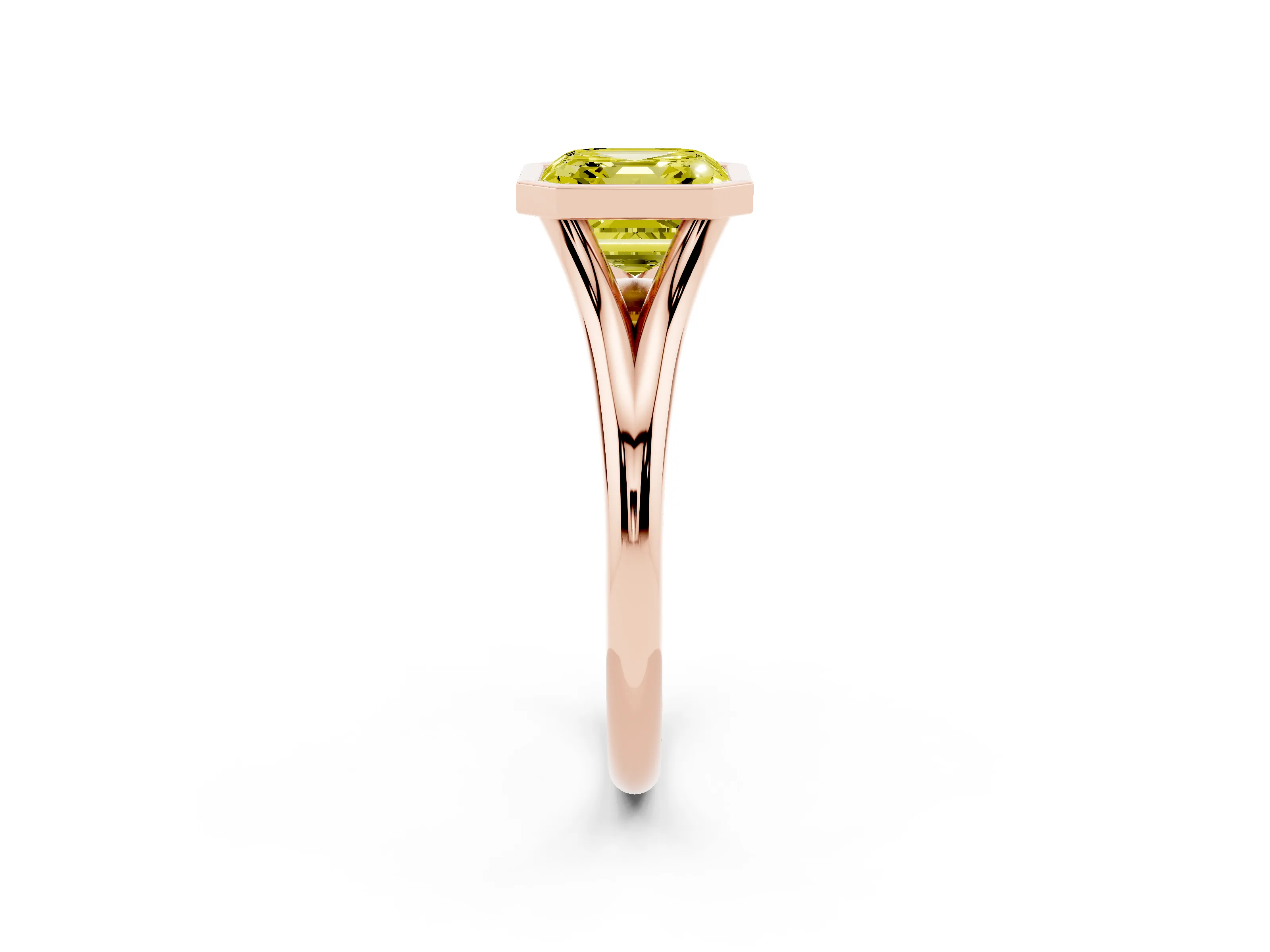 Fancy Yellow Bezel Set Asscher Cut Diamond Solitaire Ring Set in Rose gold with Tapered Band