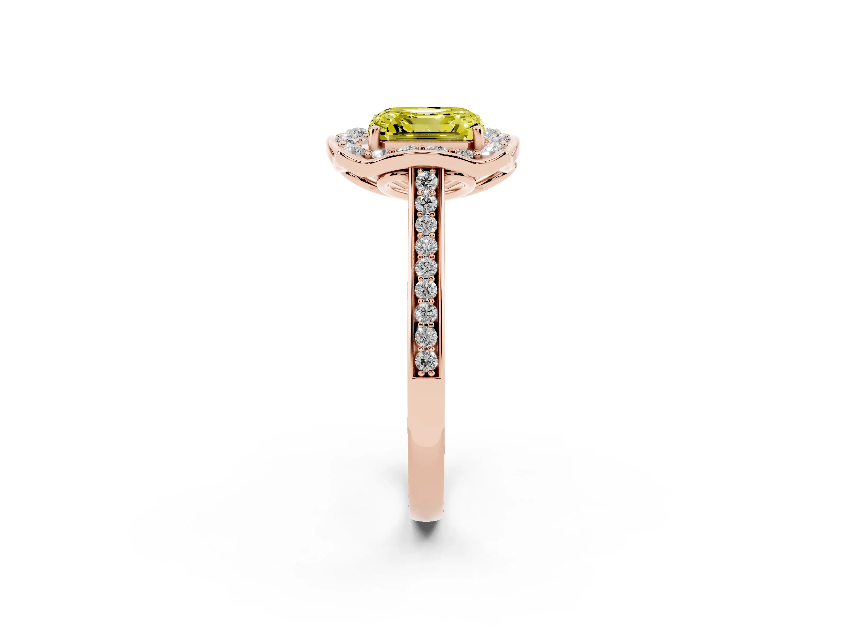 Fancy Yellow Asscher Cut Diamond Halo Ring Set in Rose gold with Pavé-Lined Shoulders and Prong Setting