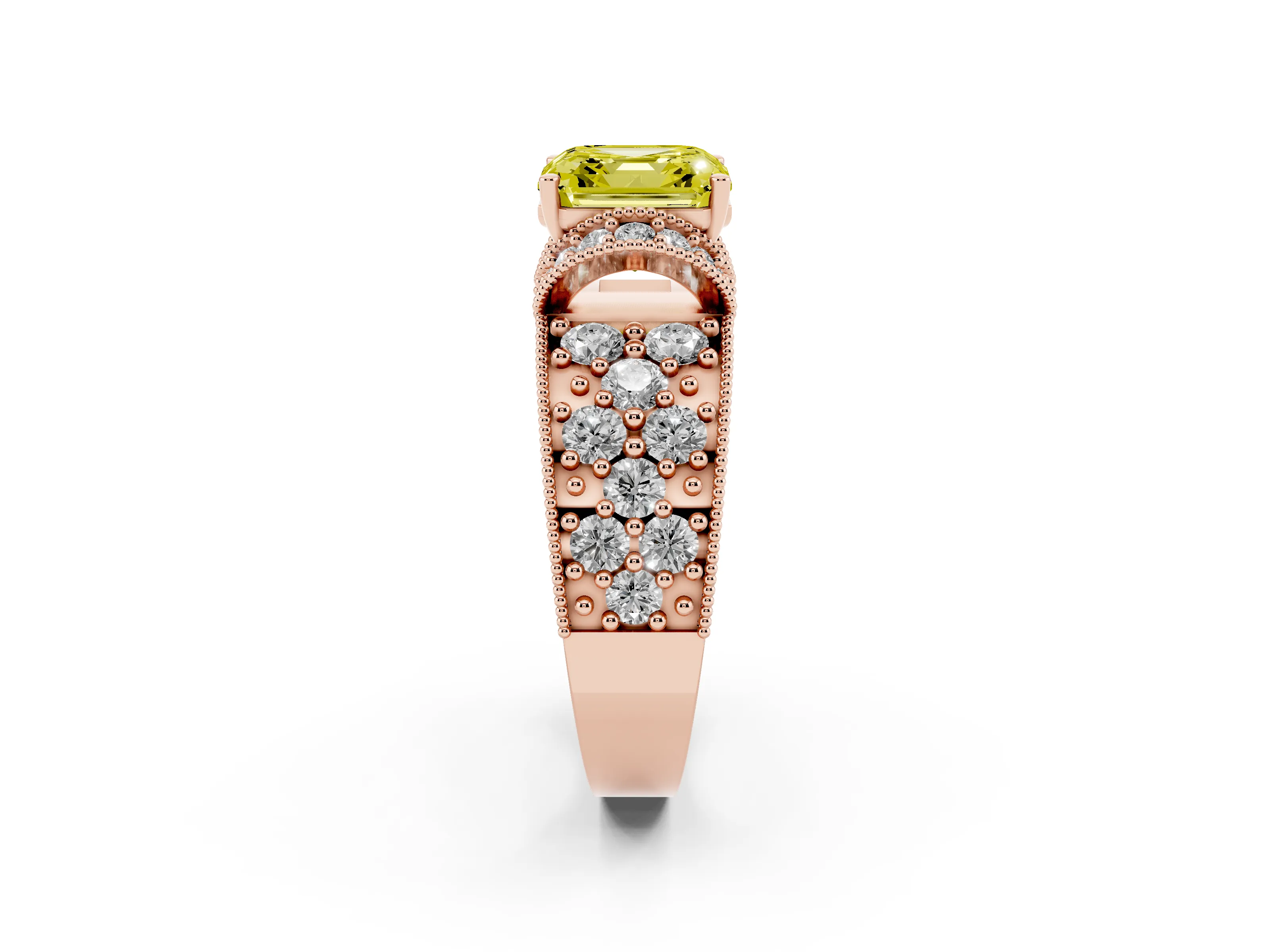 Fancy Yellow Asscher Cut Diamond Milgrain Halo Pavé Engagement Ring Set in Rose gold with Prong Setting