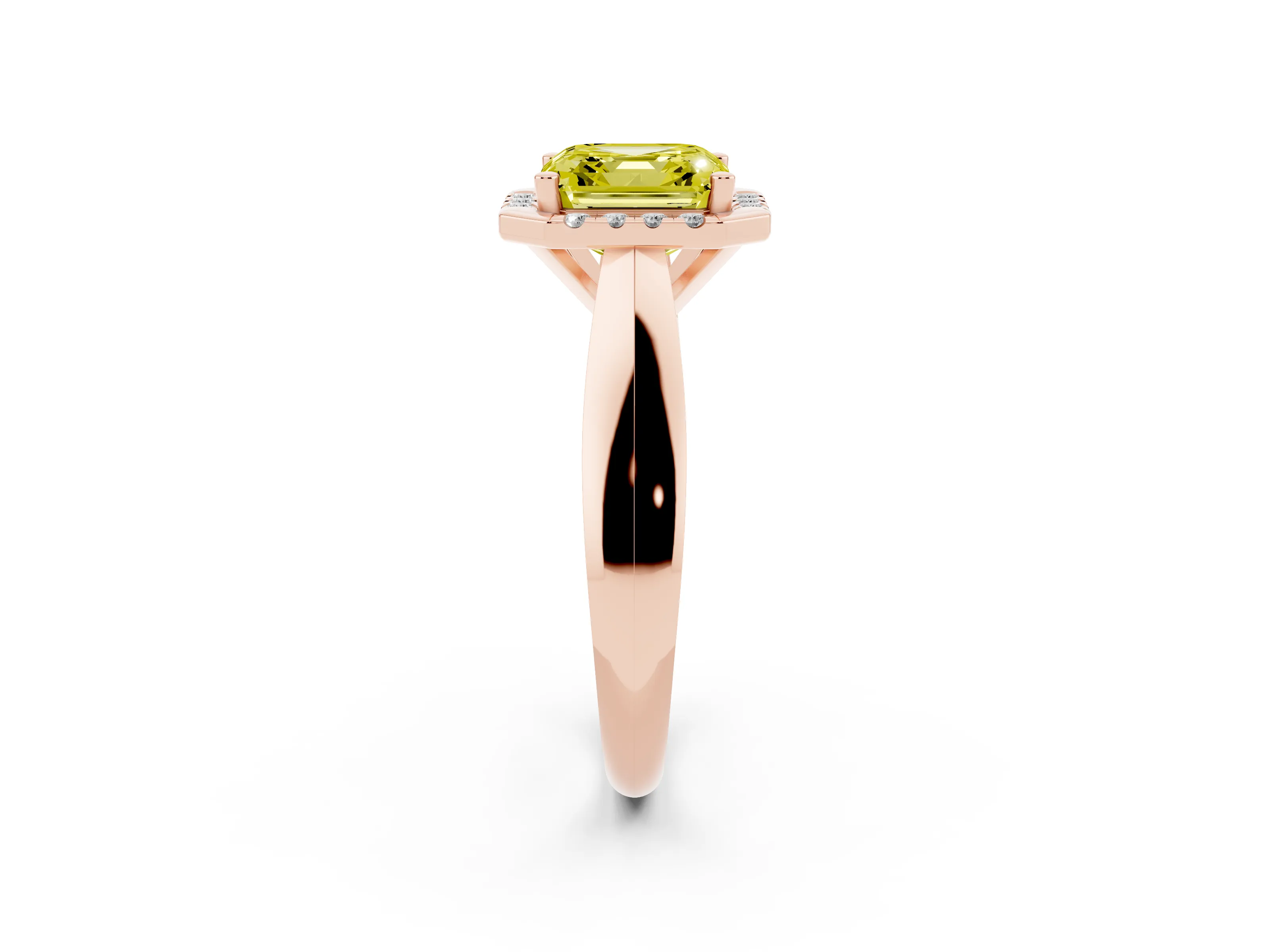 Fancy Yellow Asscher Cut Diamond Halo Solitaire Engagement Ring Set in Rose gold with Square Band and Prong Setting