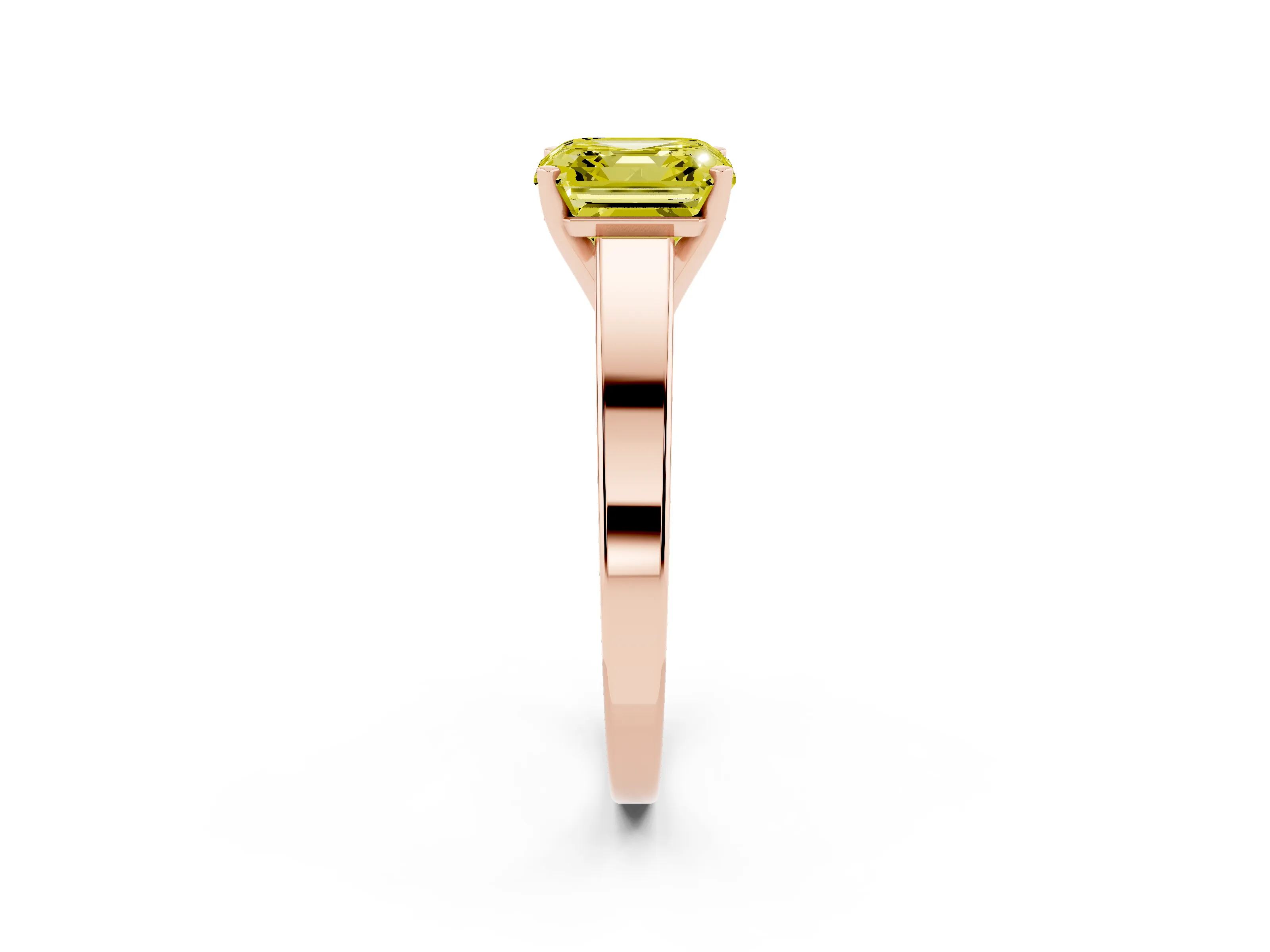 Fancy Yellow Asscher Cut Diamond Solitaire Engagement Ring Set in Rose gold with Prong Setting and Tapered Band