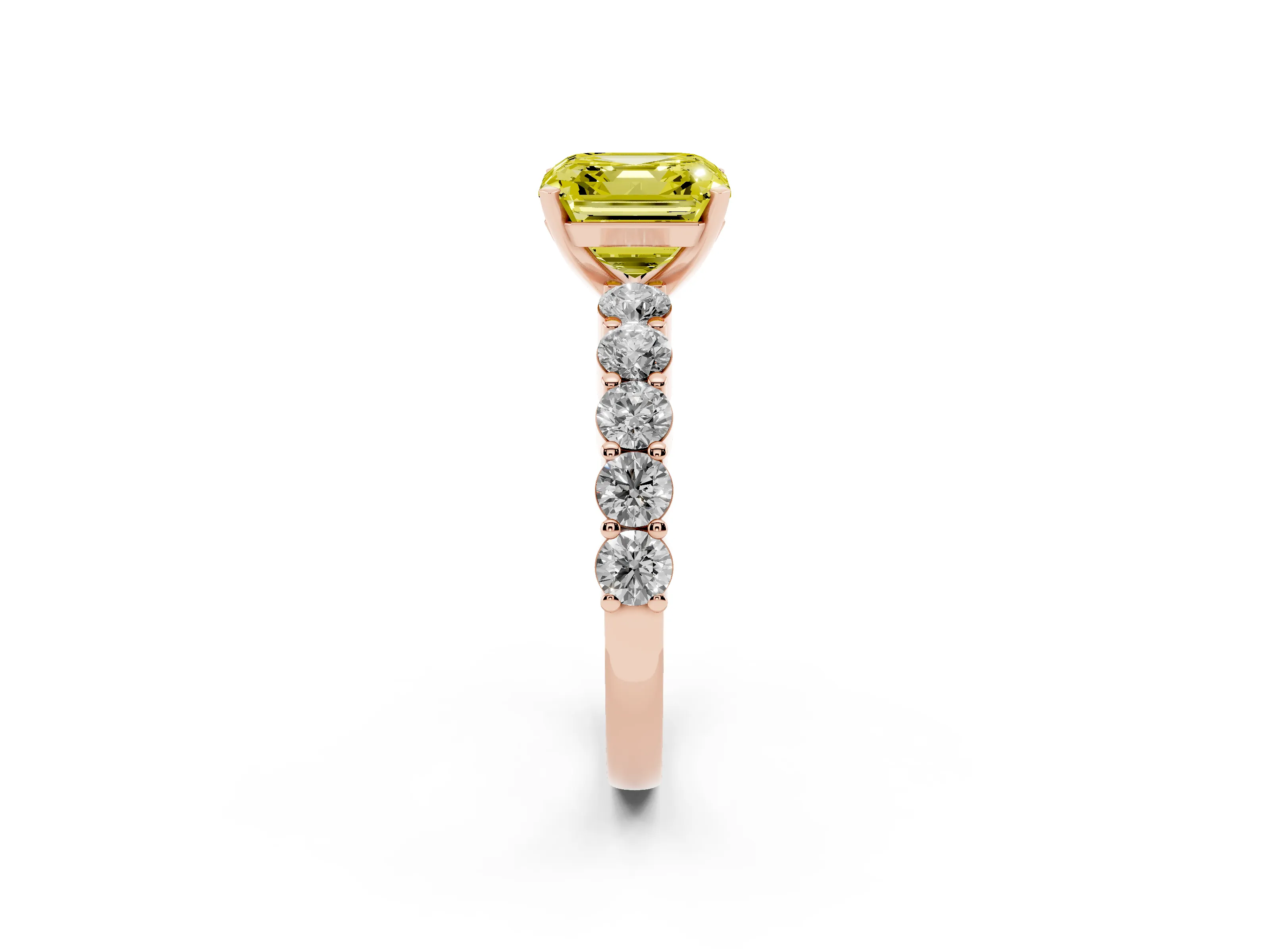 Fancy Yellow Asscher Cut Diamond Solitaire Ring Set in Rose gold with Shared Prong Round Side Stones