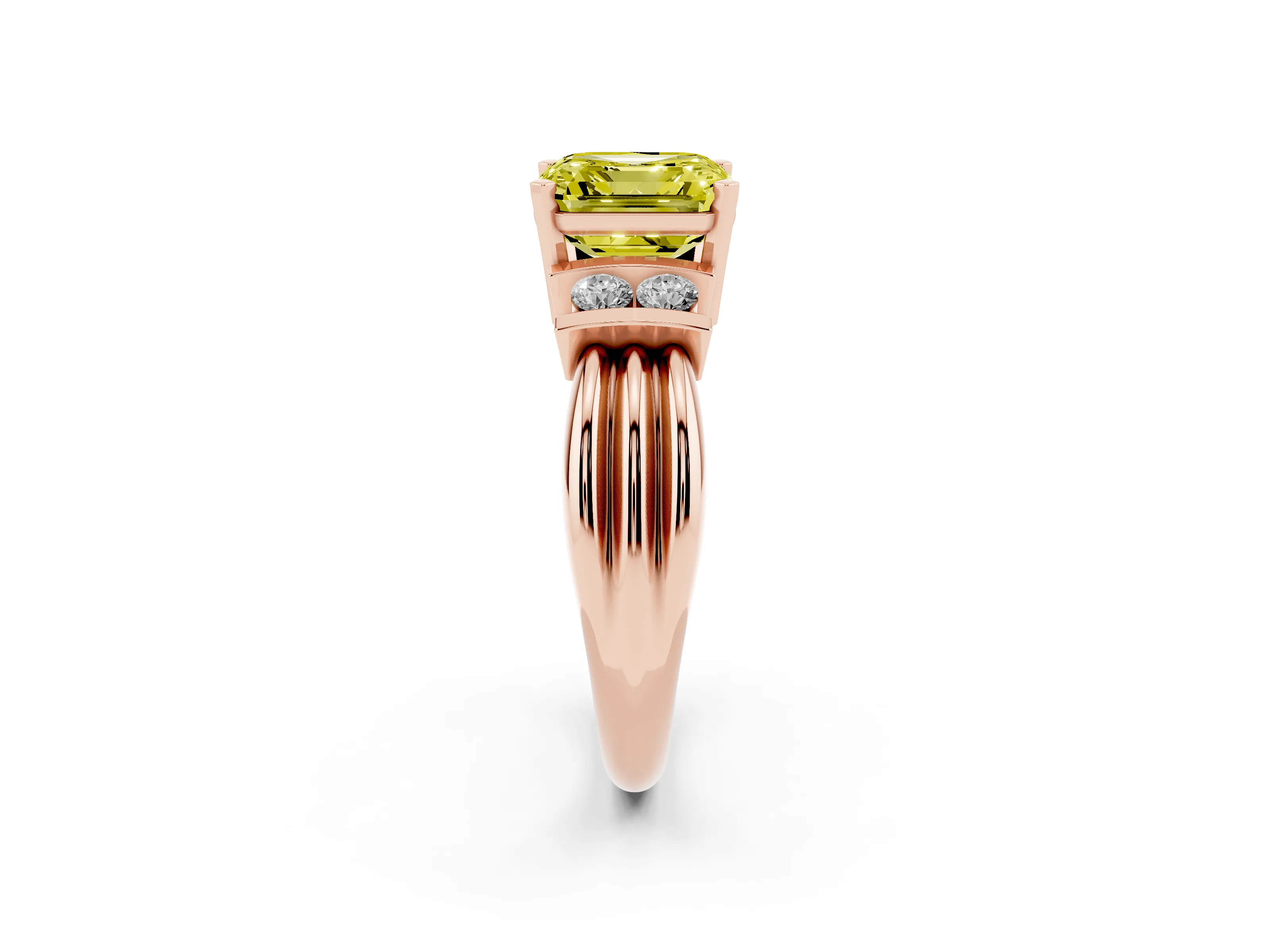Fancy Yellow Three-Stone Asscher Cut Diamond Channel Set Ring Set in Rose gold with Bar Prongs
