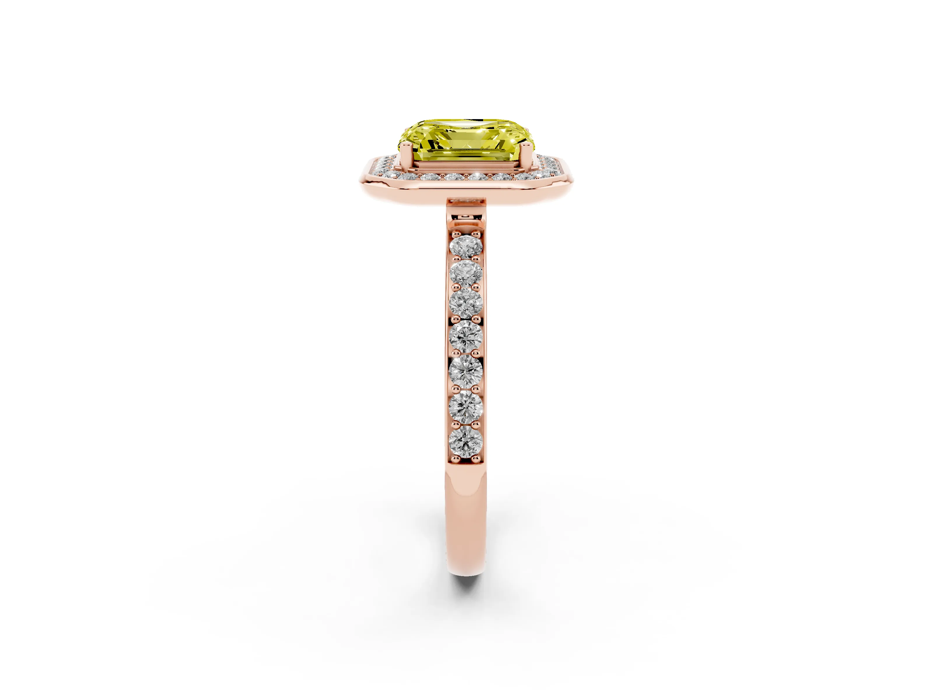 Fancy Yellow Asscher Cut Diamond Halo Ring Set in Rose gold with Bezel Frame and Pavé Band