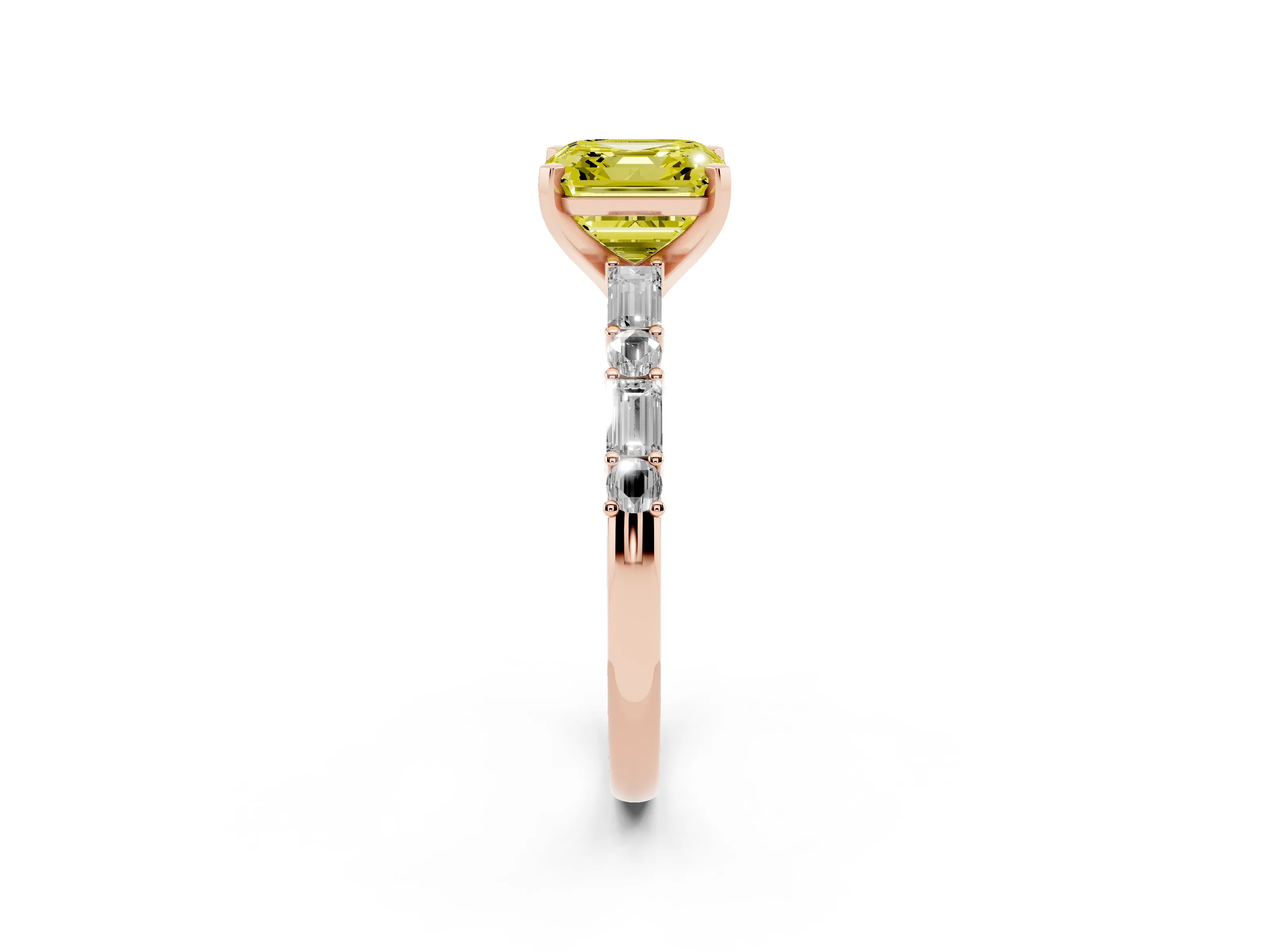 Fancy Yellow Asscher Cut Diamond Solitaire Set in Rose gold with Side Baguettes and Channel Set Band